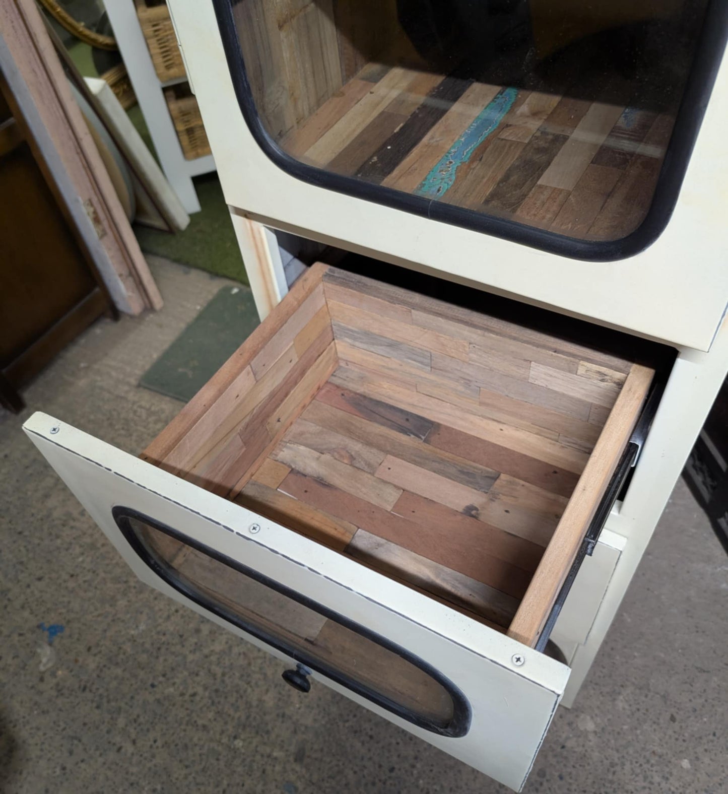 White Glass-Fronted Cabinet / Drawers with Boatwood Panels and Metal Frame