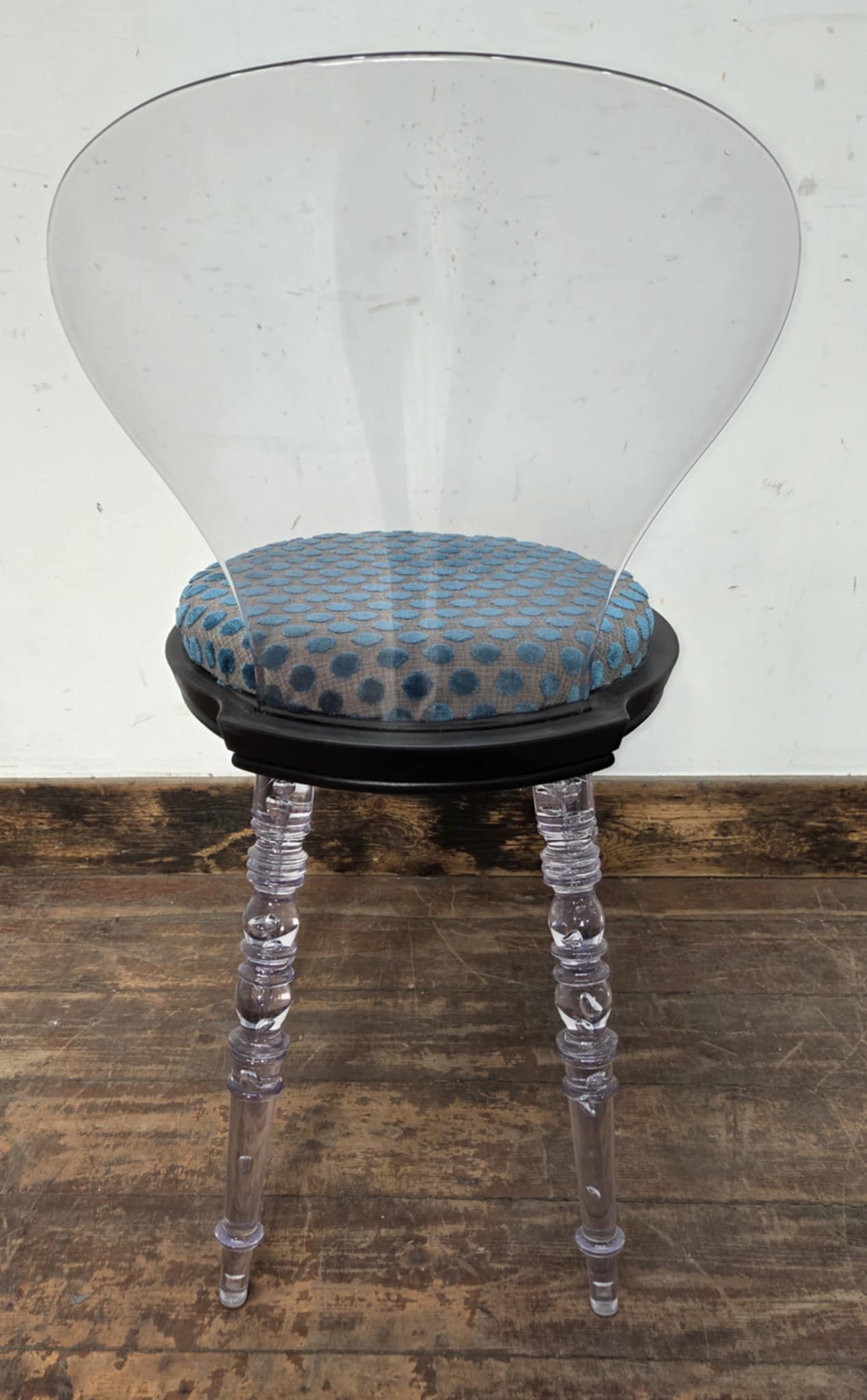 Set of Four Clear Plastic Spoonback Chairs with Blue Spotted Upholstered Seats