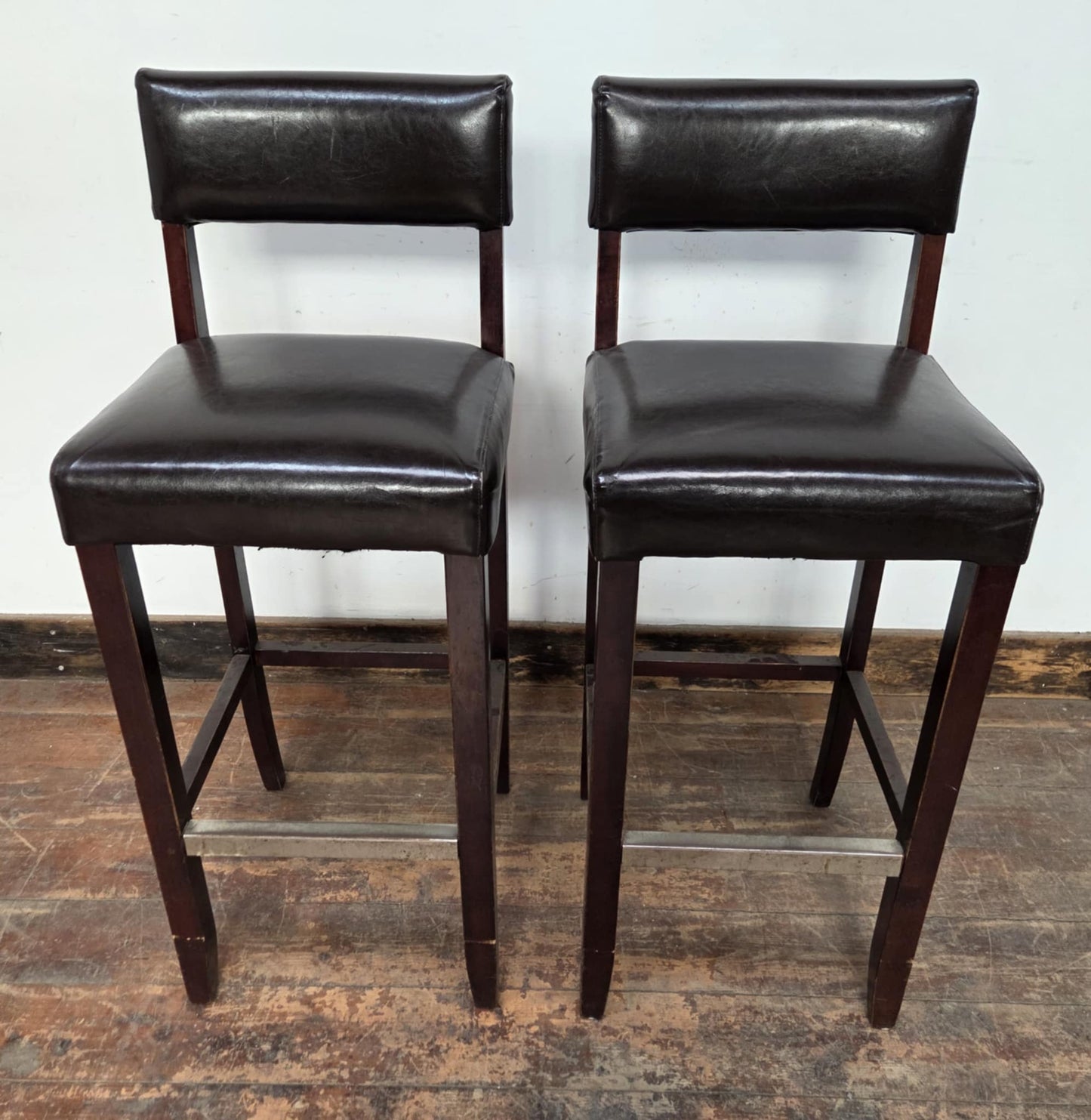 Pair of Black Faux Leather Bar Stools with Wood Frames