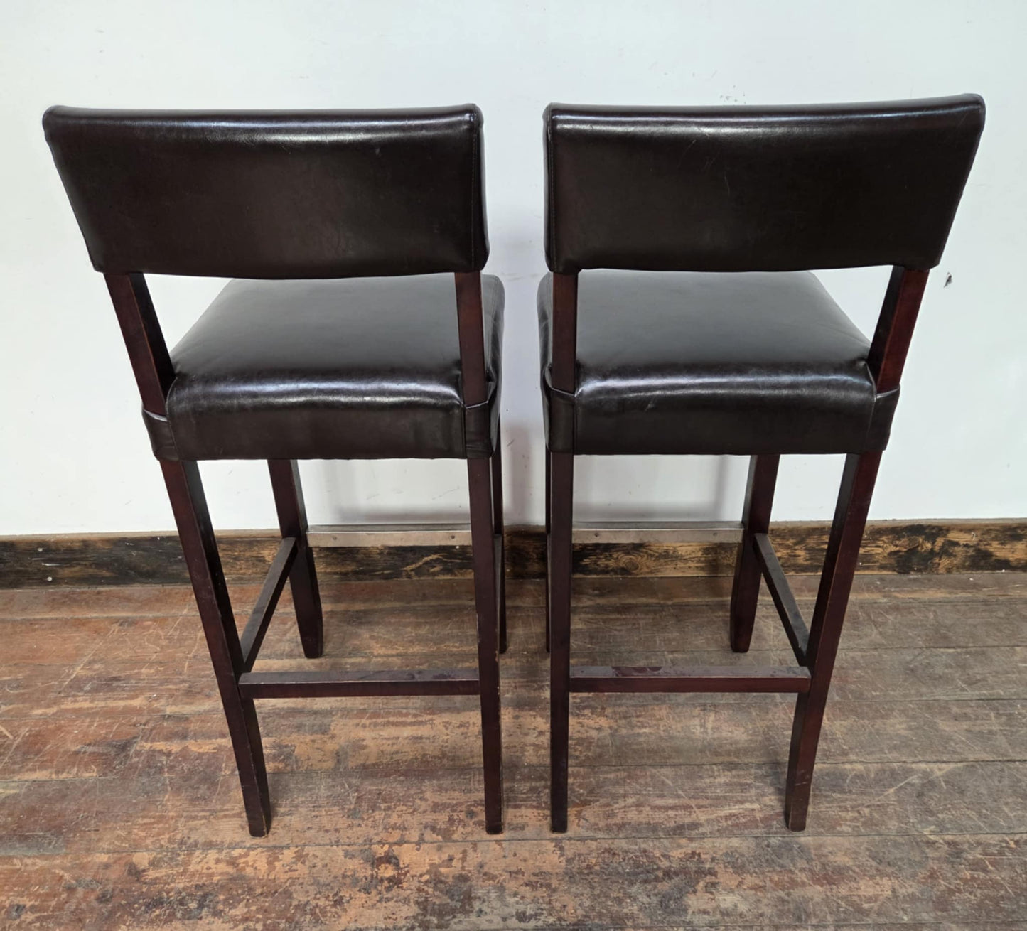 Pair of Black Faux Leather Bar Stools with Wood Frames