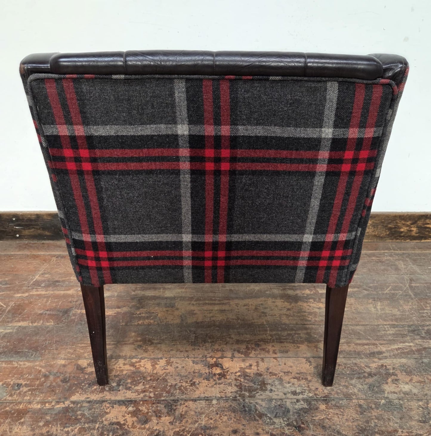Square Black Faux Leather Tub Chair with Red Tartan Sides and Back