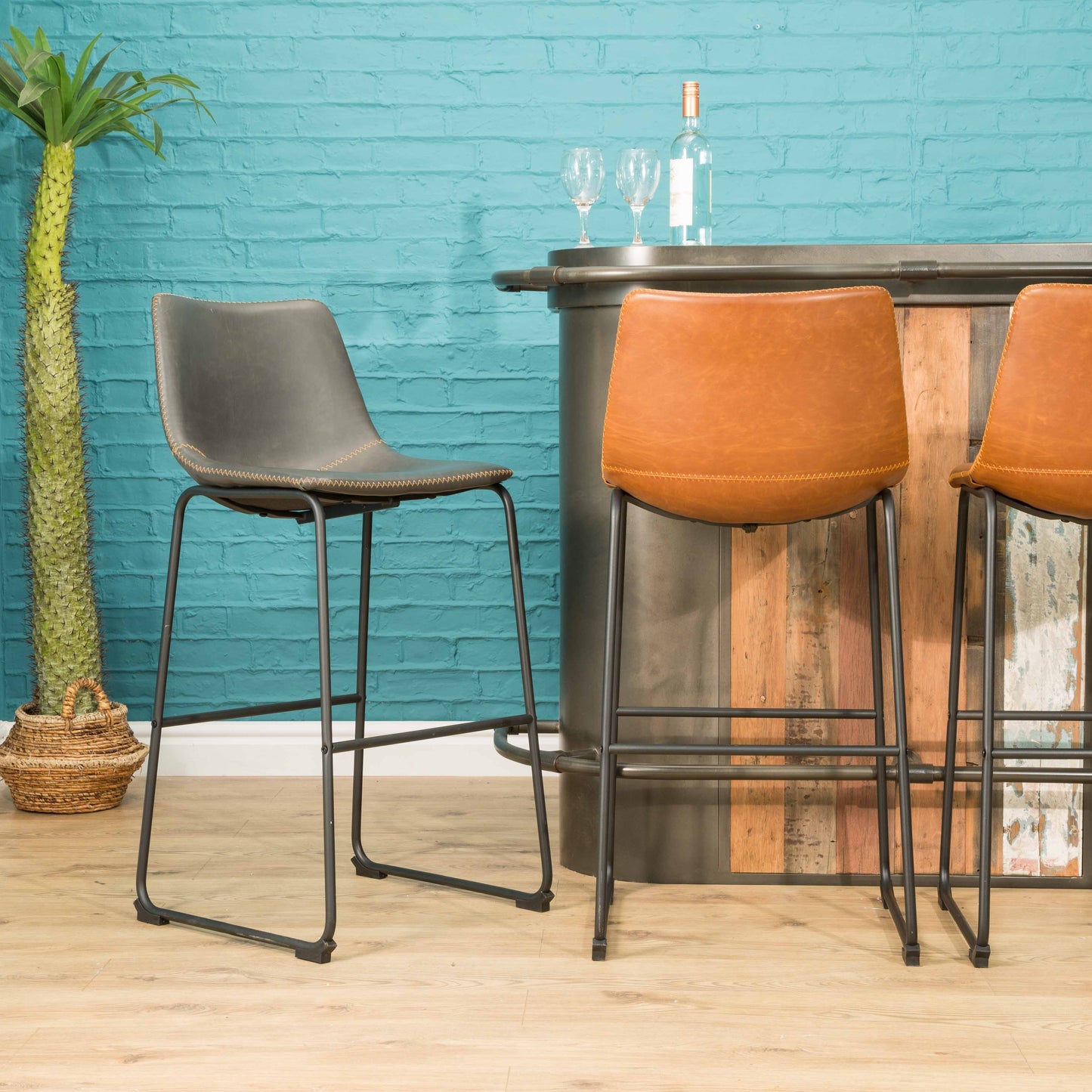 Pair of Grey Vegan Leather Bar Stools