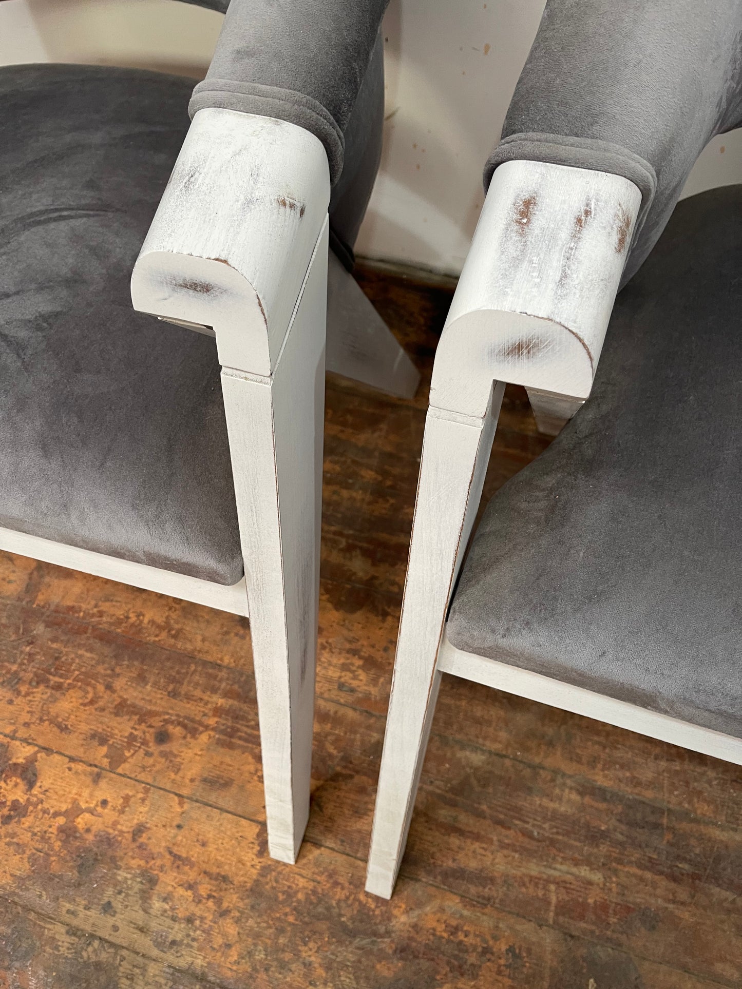 Pair of grey suede-feel chairs with white painted frames