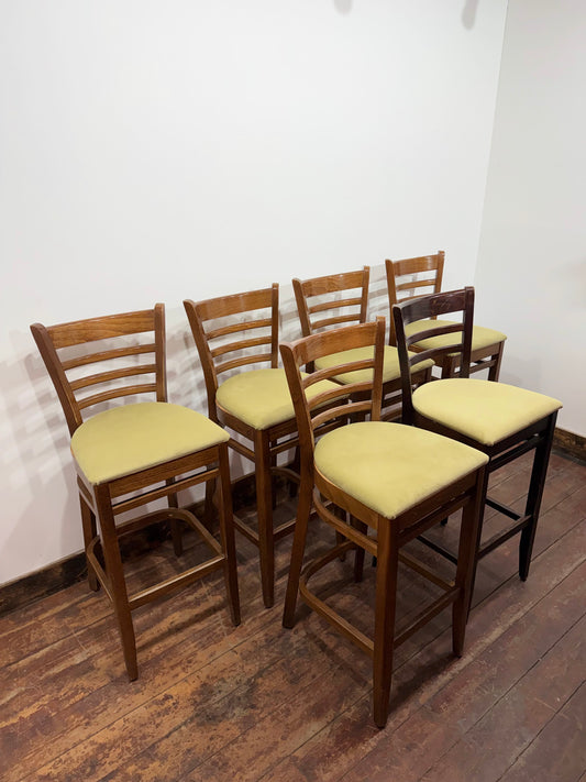 Set of 6 Wooden Bar Stools | Commercial Pub Restaurant Café Seating | Upholstered Sage Seats | High Stools