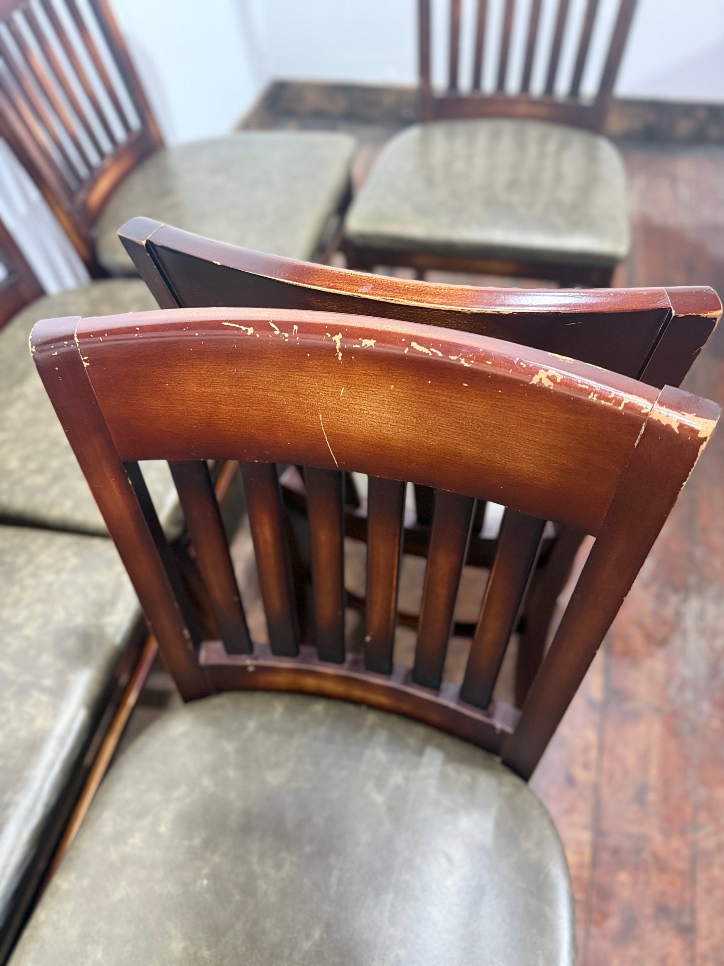 Set of 8 Leather Dining Chairs/Dark Wood/Slat Back/Traditional Chairs