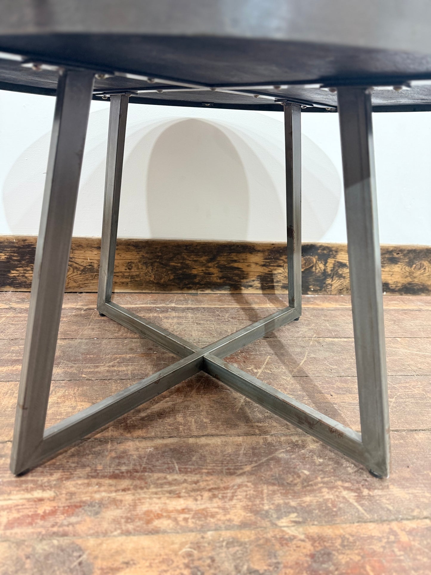 Industrial Round Oak Parquet Coffee Table Black Metal Rustic Vintage Style