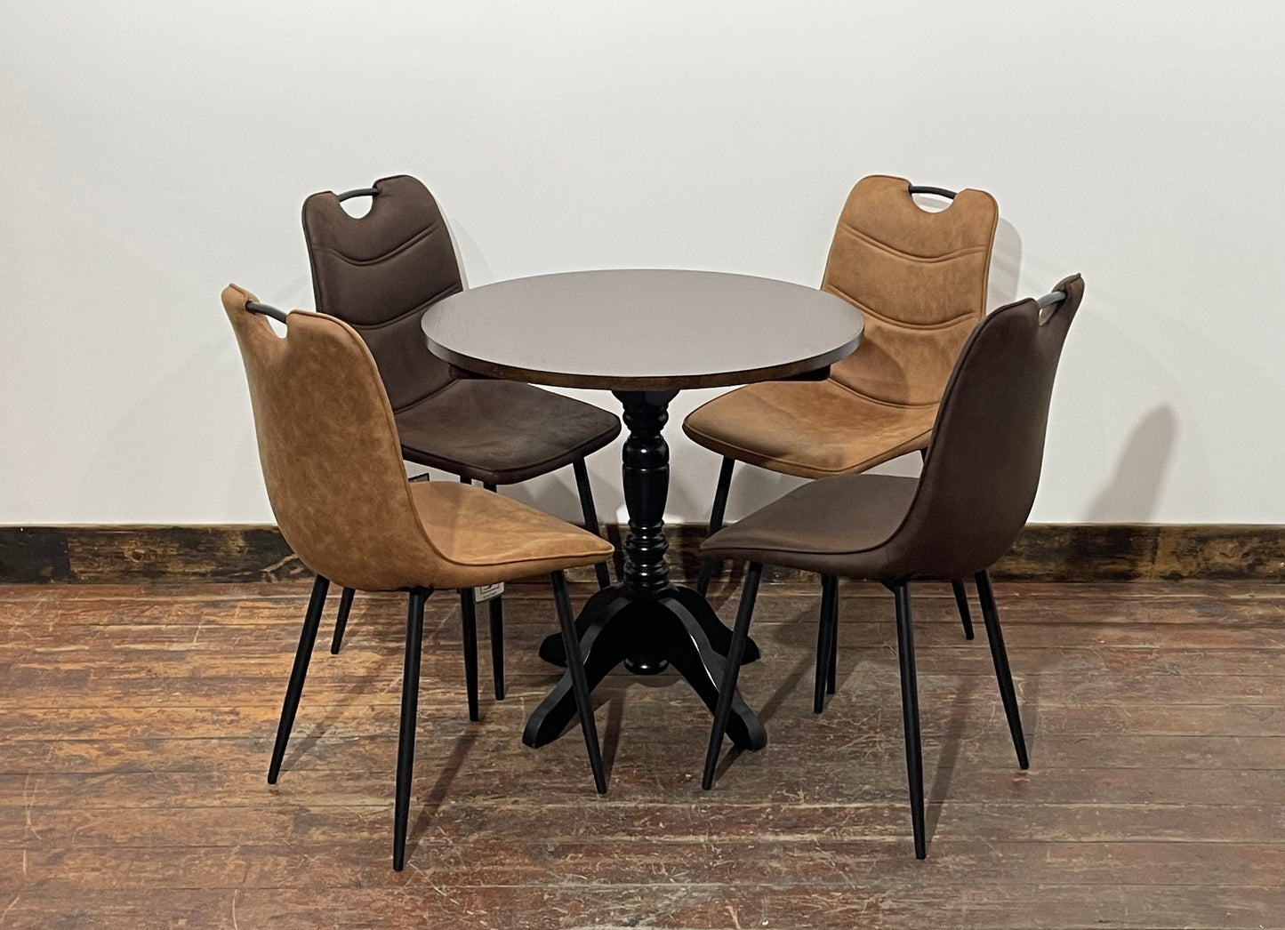 Pair of stylish dining chairs in tan suede-effect fabric