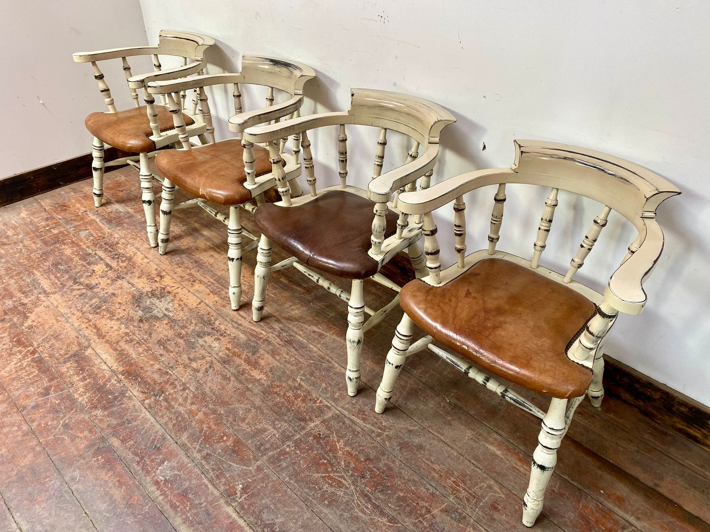 Set of 4 shabby chic leather and wood dining chairs