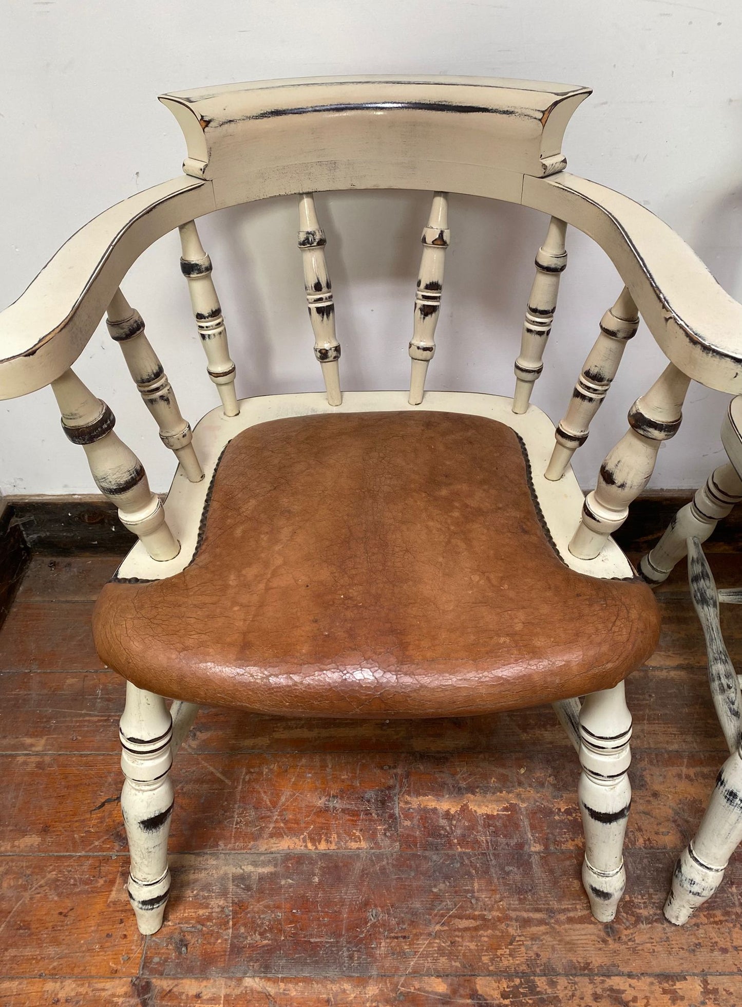 Set of 4 shabby chic leather and wood dining chairs