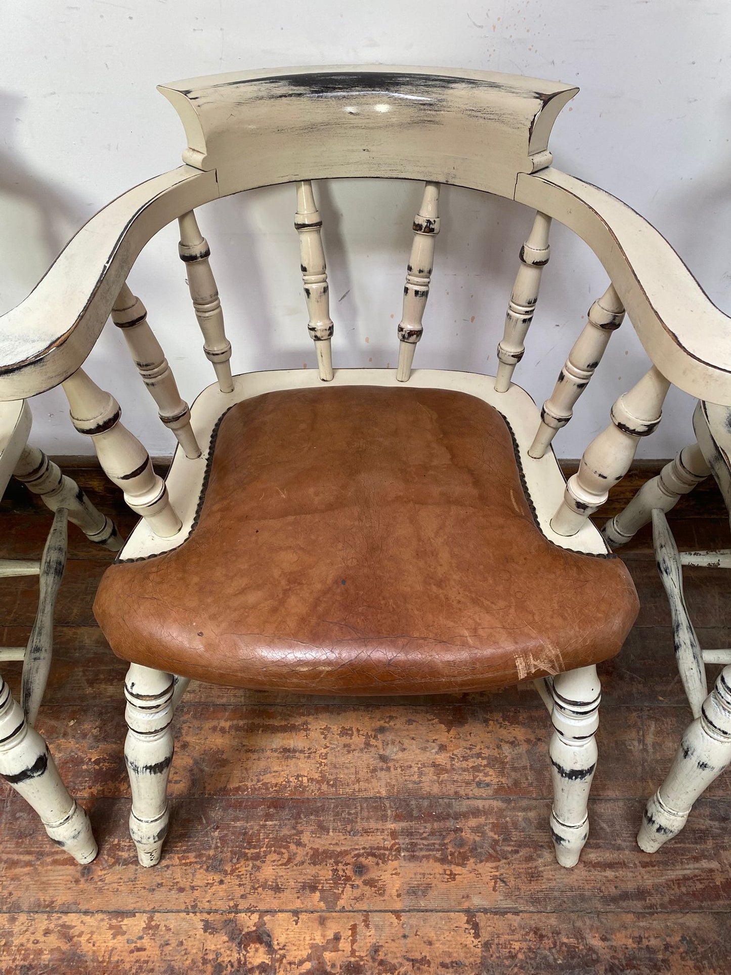 Set of 4 shabby chic leather and wood dining chairs