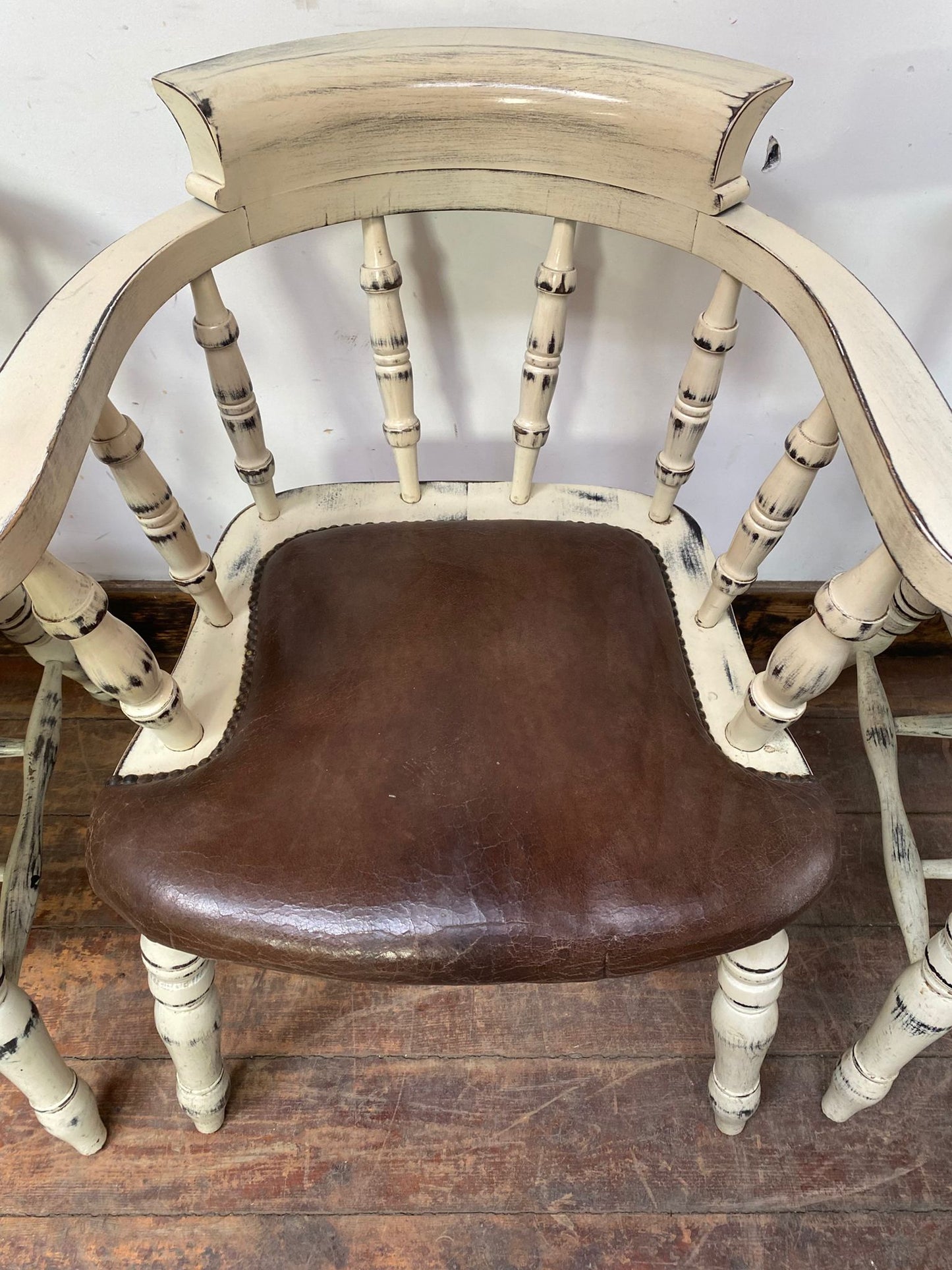 Set of 4 shabby chic leather and wood dining chairs