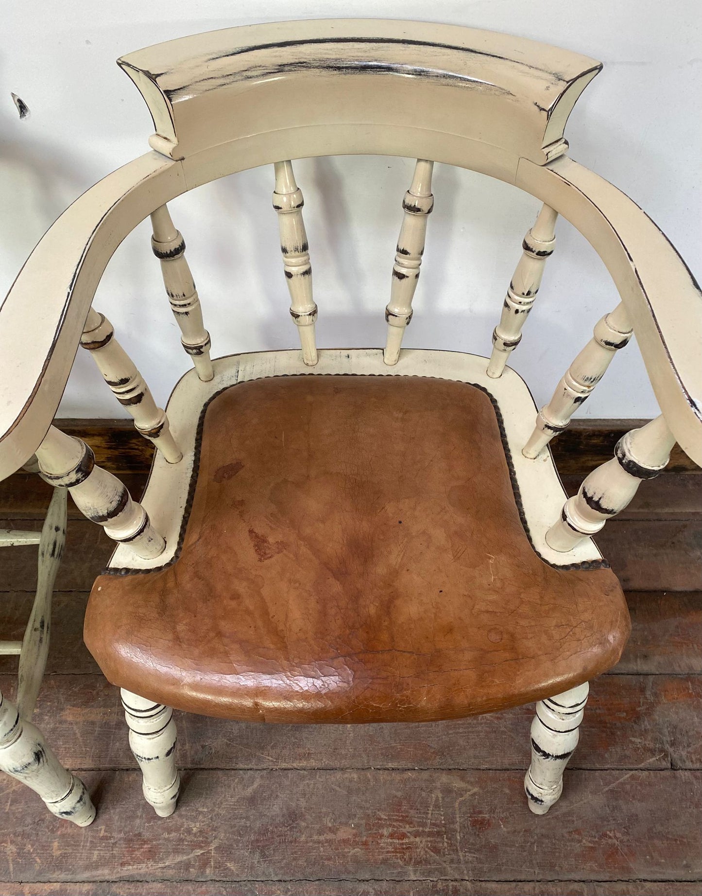 Set of 4 shabby chic leather and wood dining chairs
