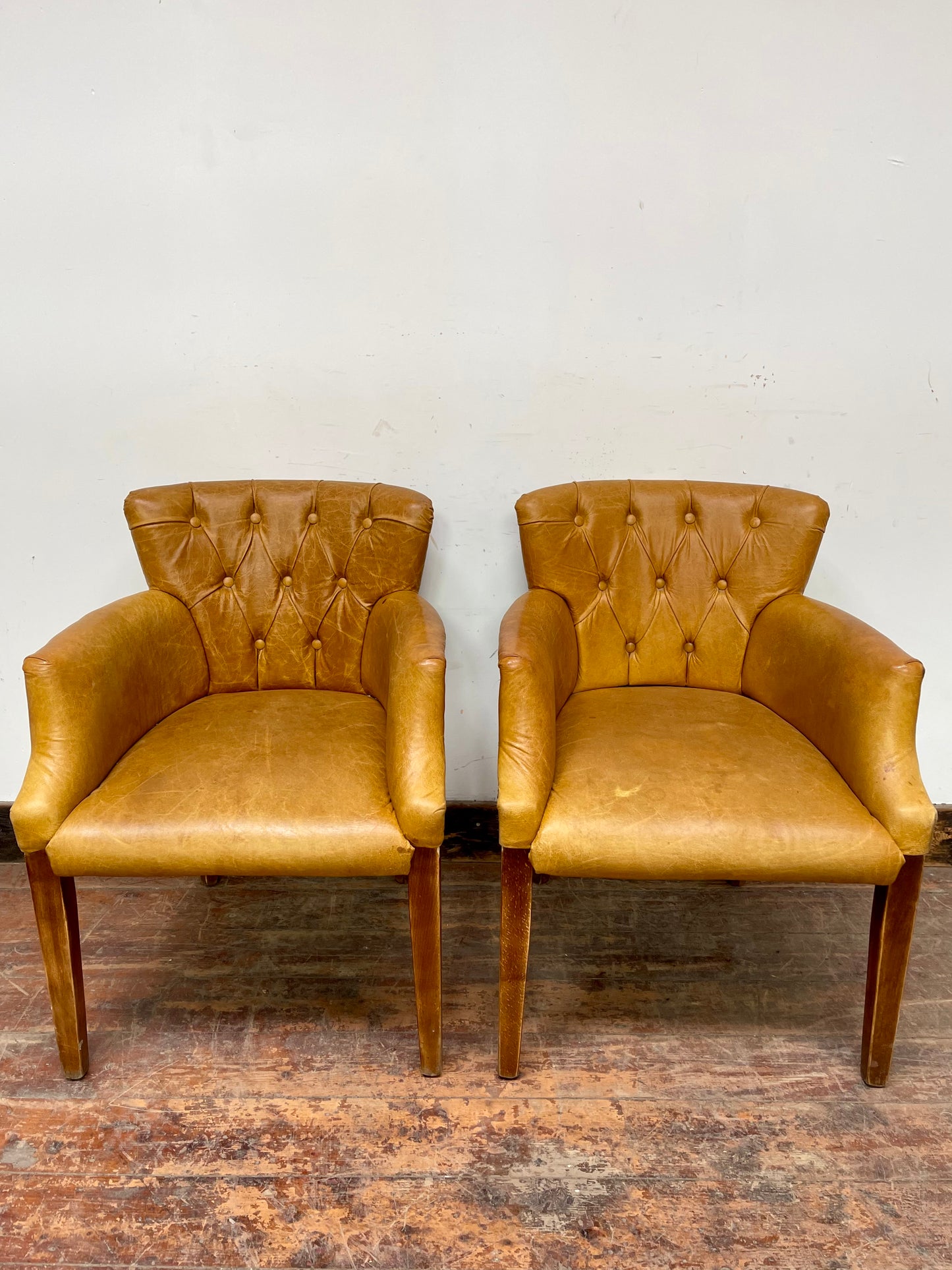 Set of 5 mustard yellow leather tub chairs / pub chairs