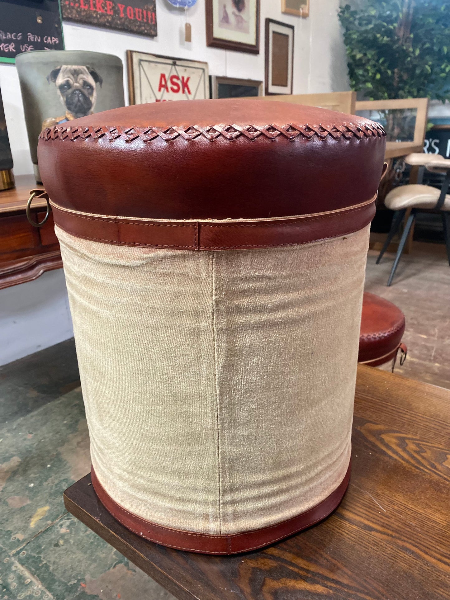 Leather & canvas worker bee seat / stool