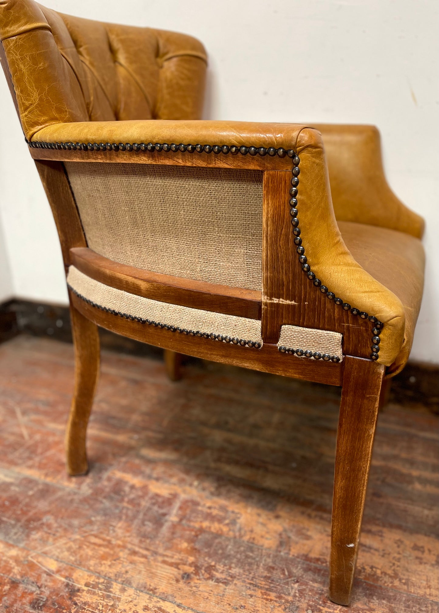 Set of 5 mustard yellow leather tub chairs / pub chairs