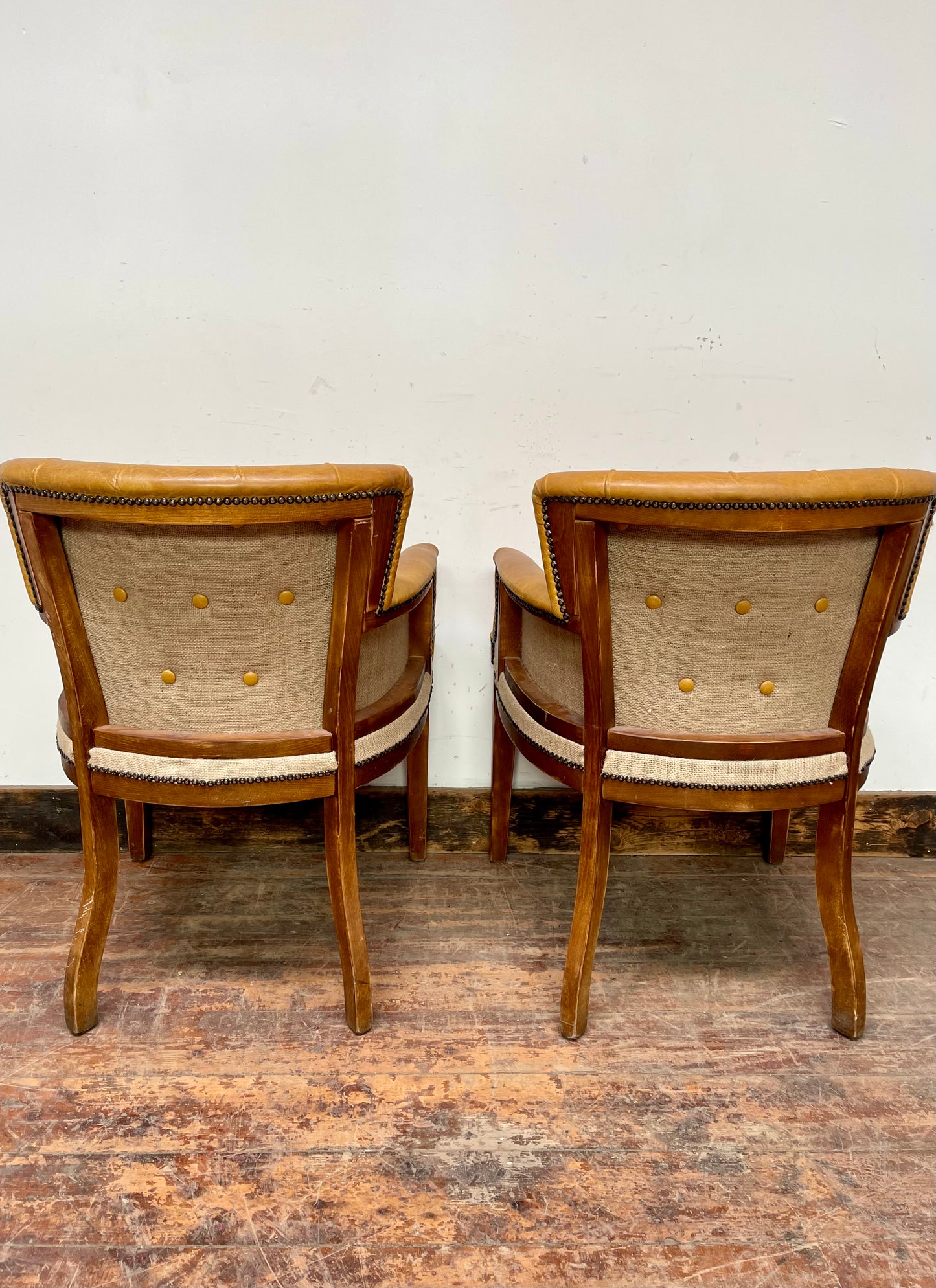 Set of 5 mustard yellow leather tub chairs / pub chairs