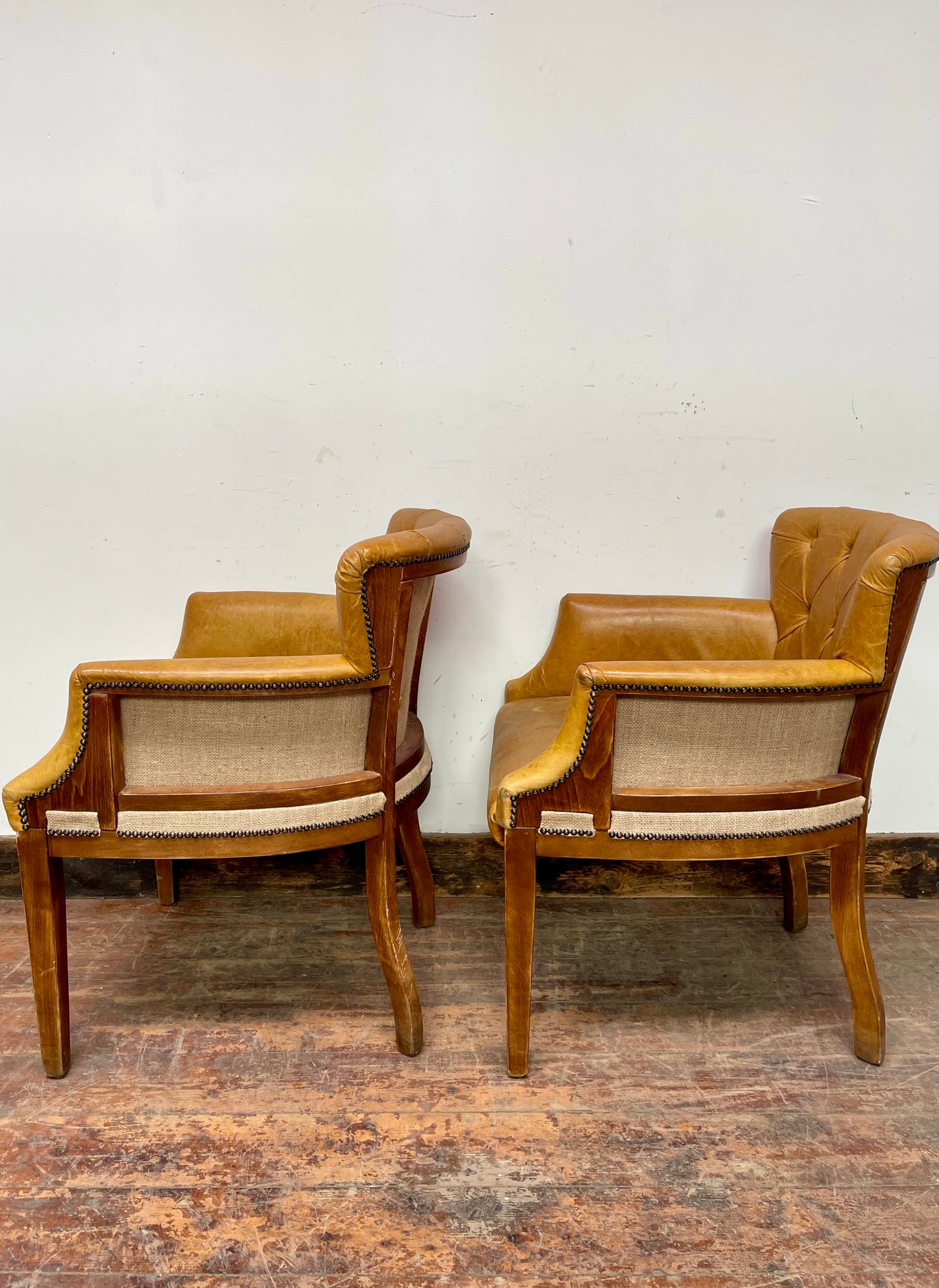 Set of 5 mustard yellow leather tub chairs / pub chairs