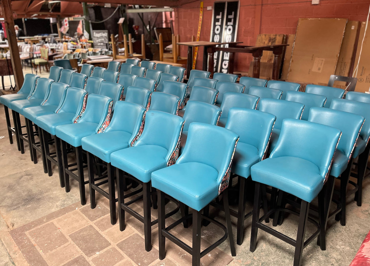 4 x new / ex-display bar stools teal blue seats & fabric backs (48 in total!)