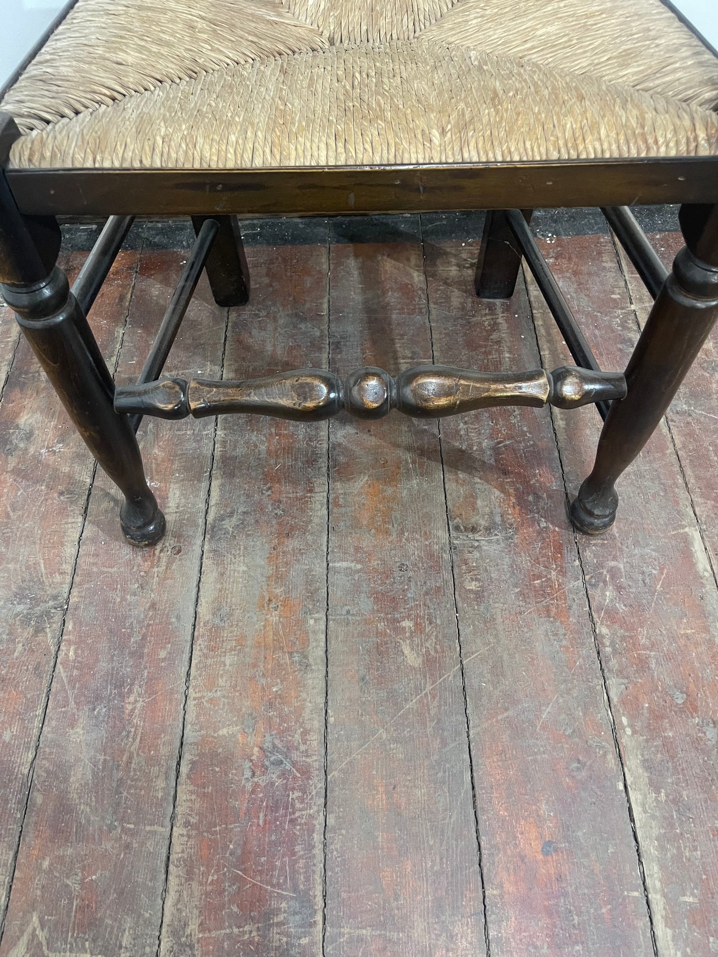Large Antique Oak Farmhouse Refectory Dining Table & 8 Ladder-Back Rush Seat Chairs — Stunning Set