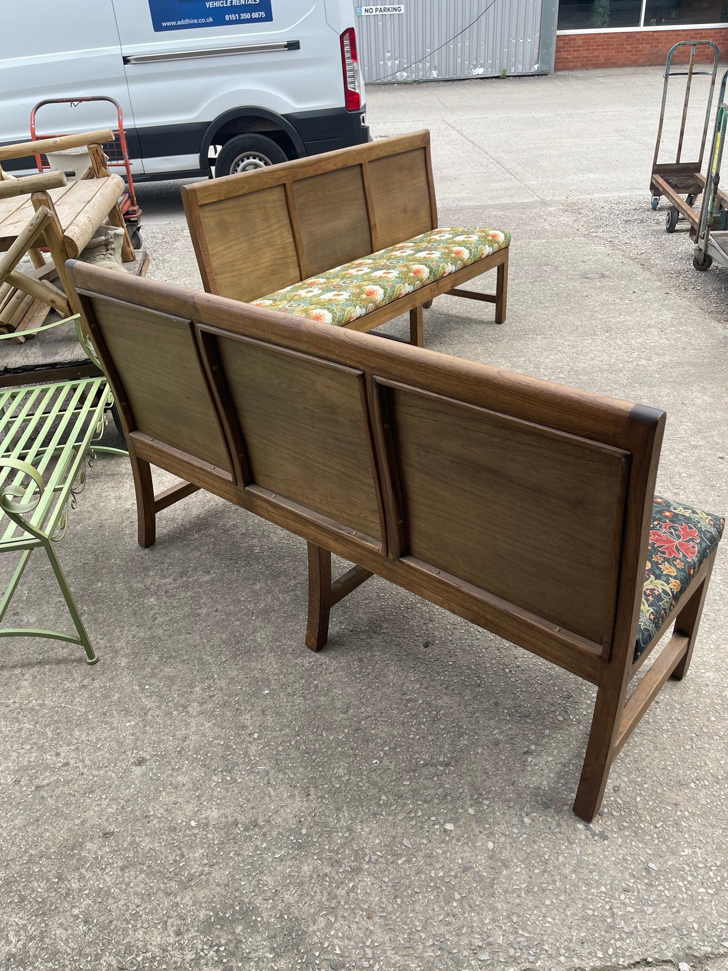 Pair of Oak Botanical Pattern Upholstered Bench Seats / William Morris Style