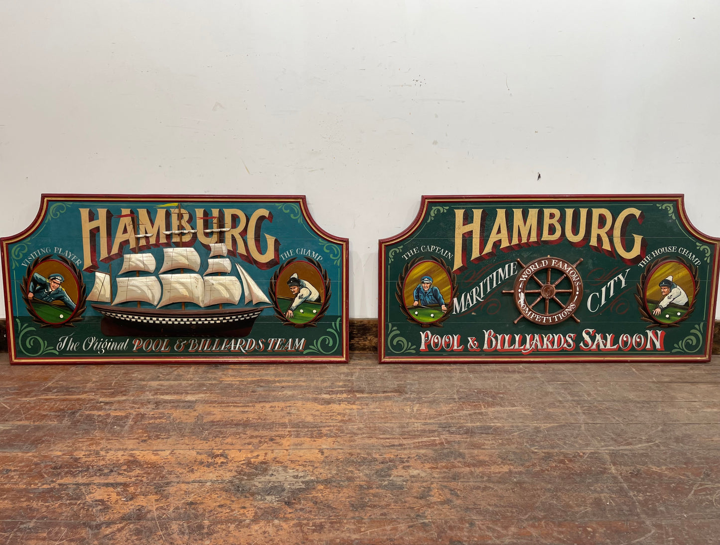 Vintage hand painted Hamburg ship's wheel / helm pub sign