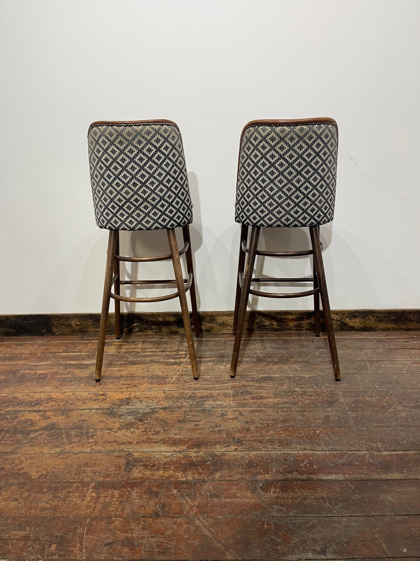 Pair of Mid-Century Style Brown Studded Leather Bar Stools / Geometric Patterned Backs