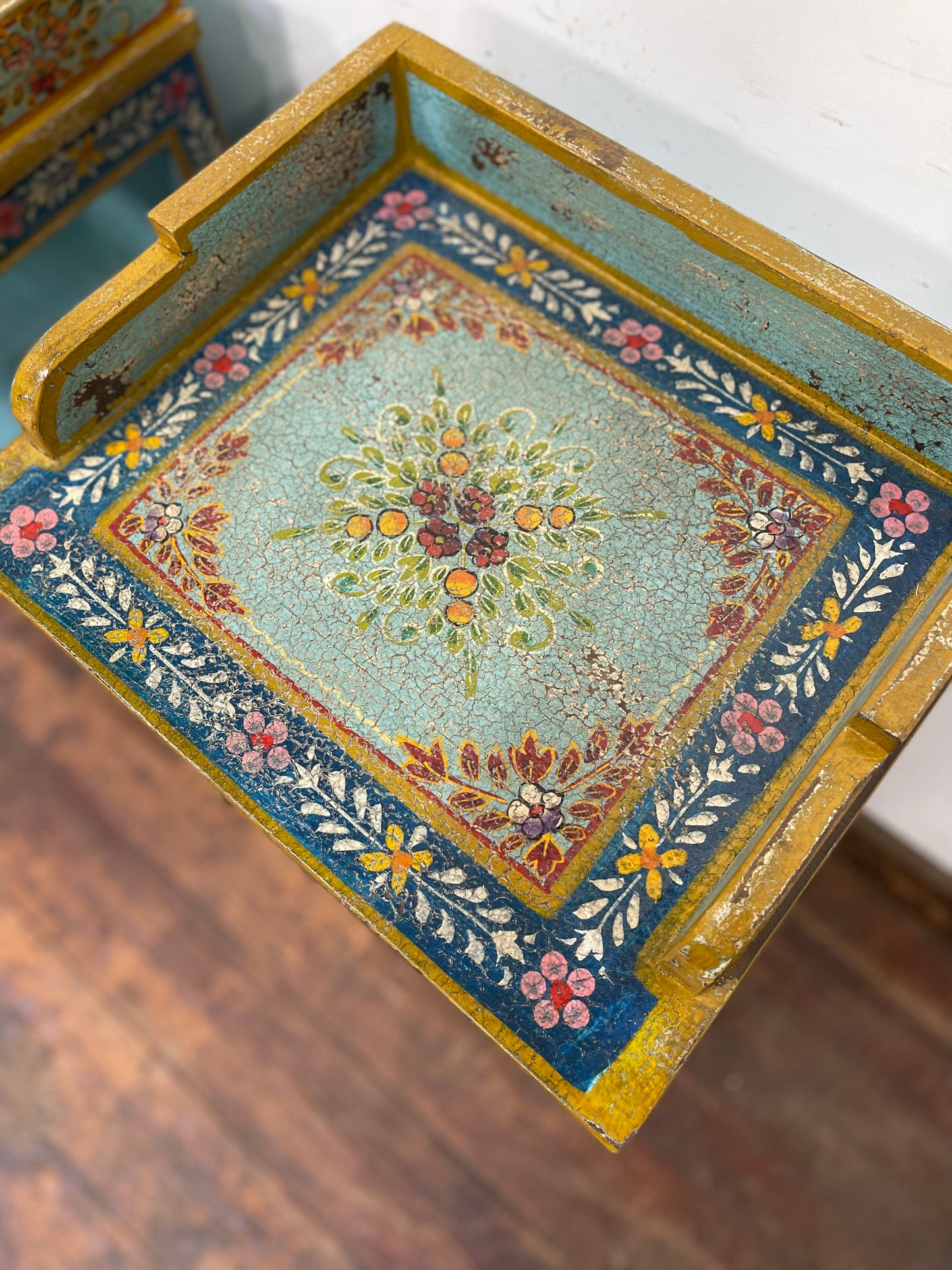 Pair of hand painted bedside tables / cabinets with glass panels