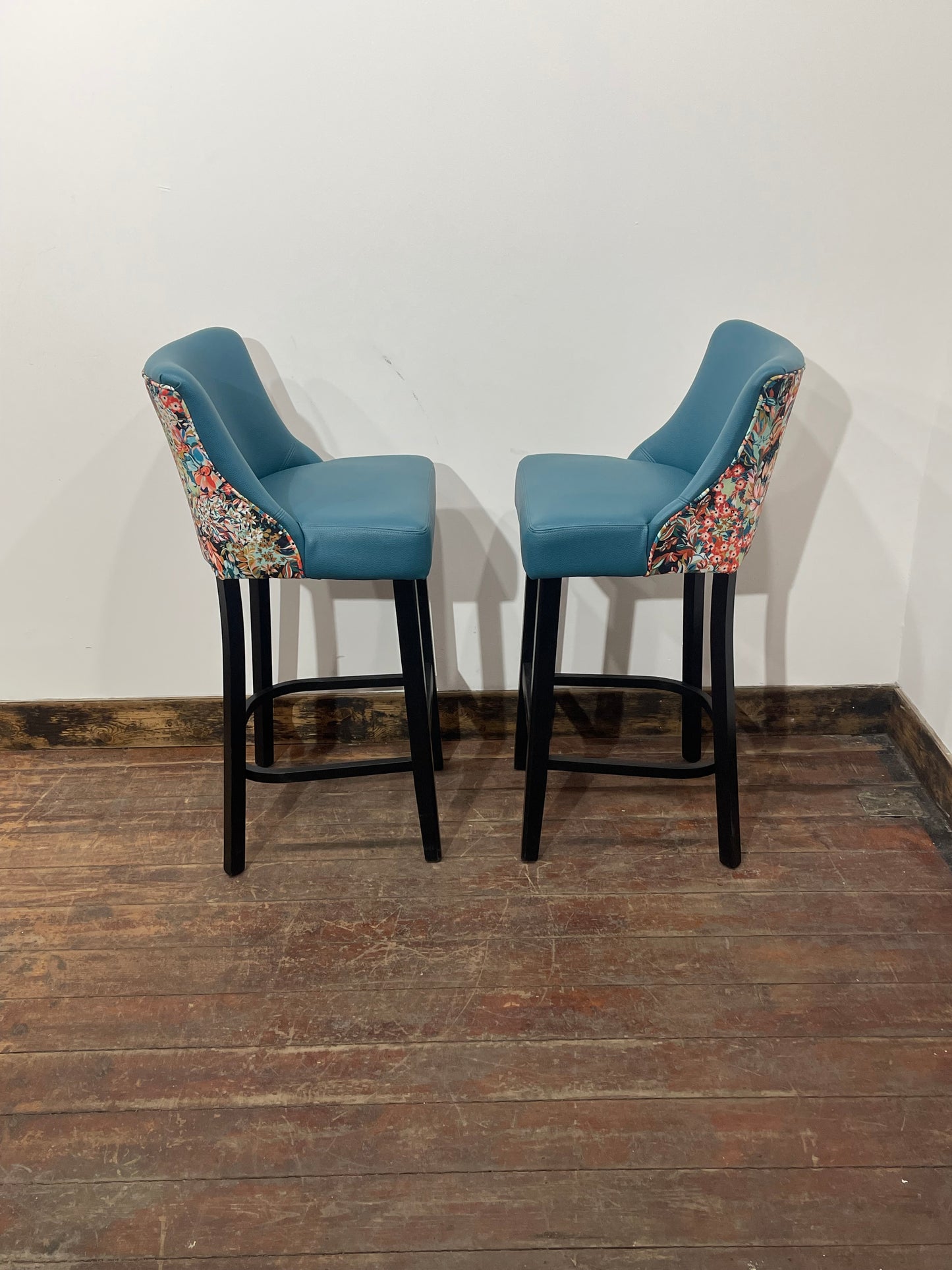 2 x new / ex-display bar stools teal blue seats & fabric backs