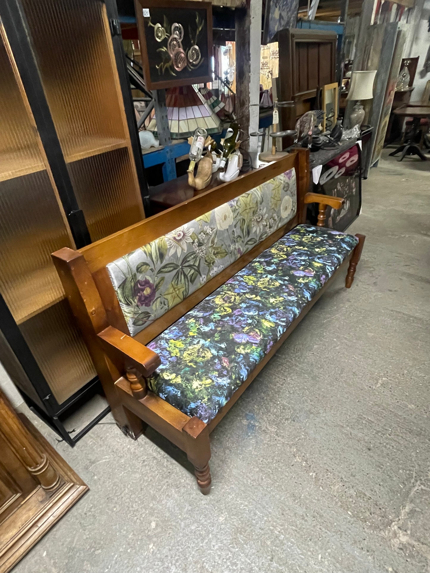 Antique Pine Settle Bench / Floral Fabric / Hall Pew Farmhouse