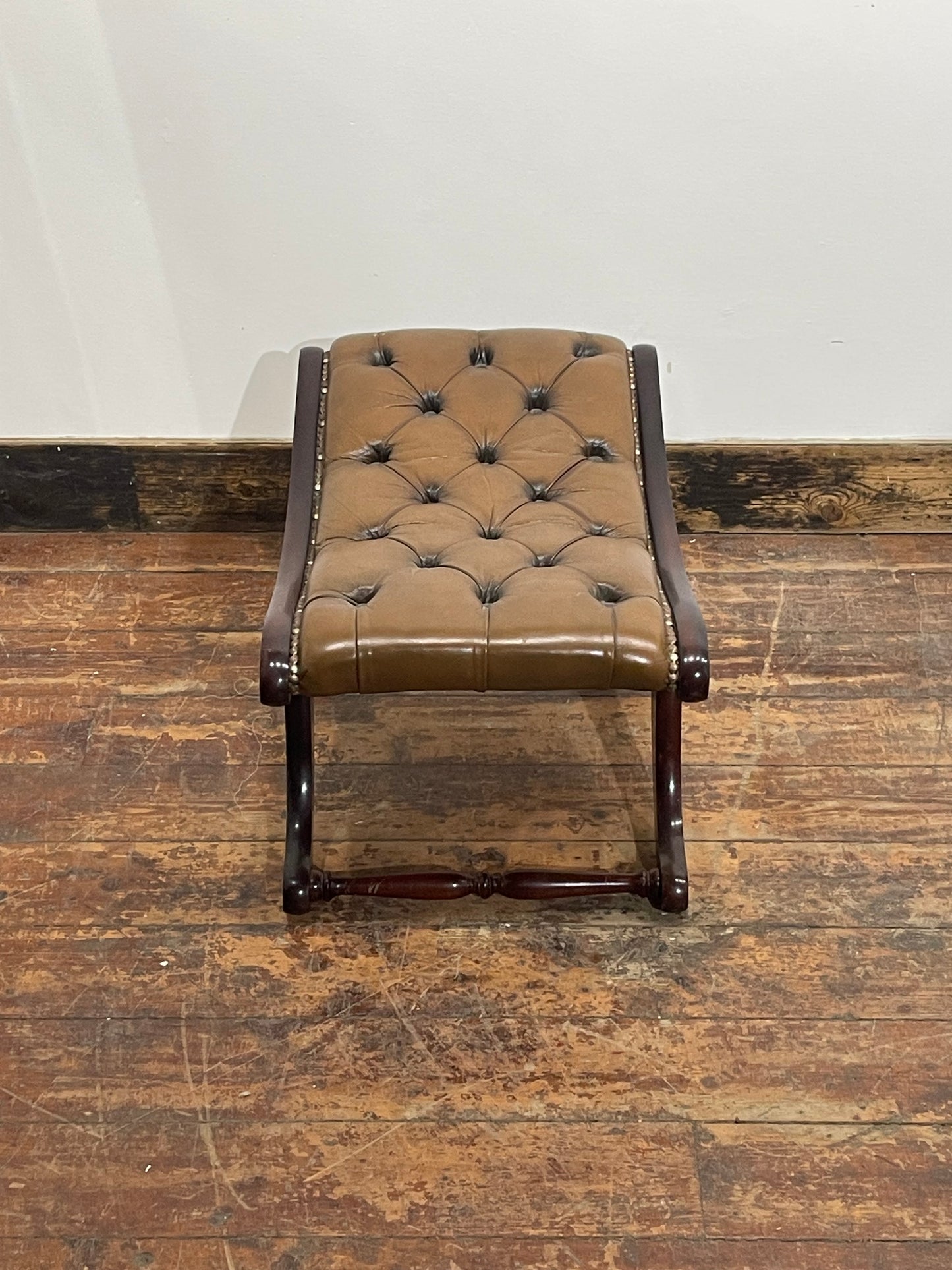 Vintage Chesterfield Leather Lounge Chair & Footstool | Tufted Brown Leather | Bentwood Frame | Fireside Armchair