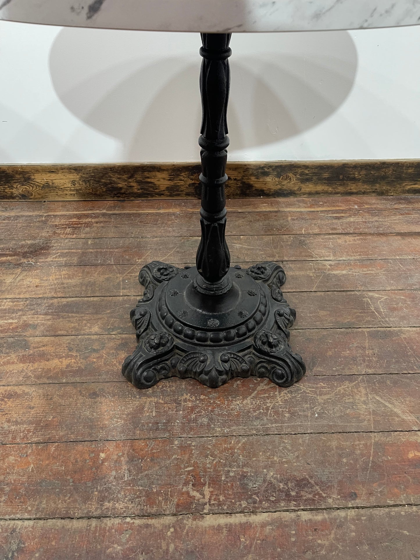 Pair of Ornate Cast Iron Bistro Tables – Marble Effect Tops – Vintage Style