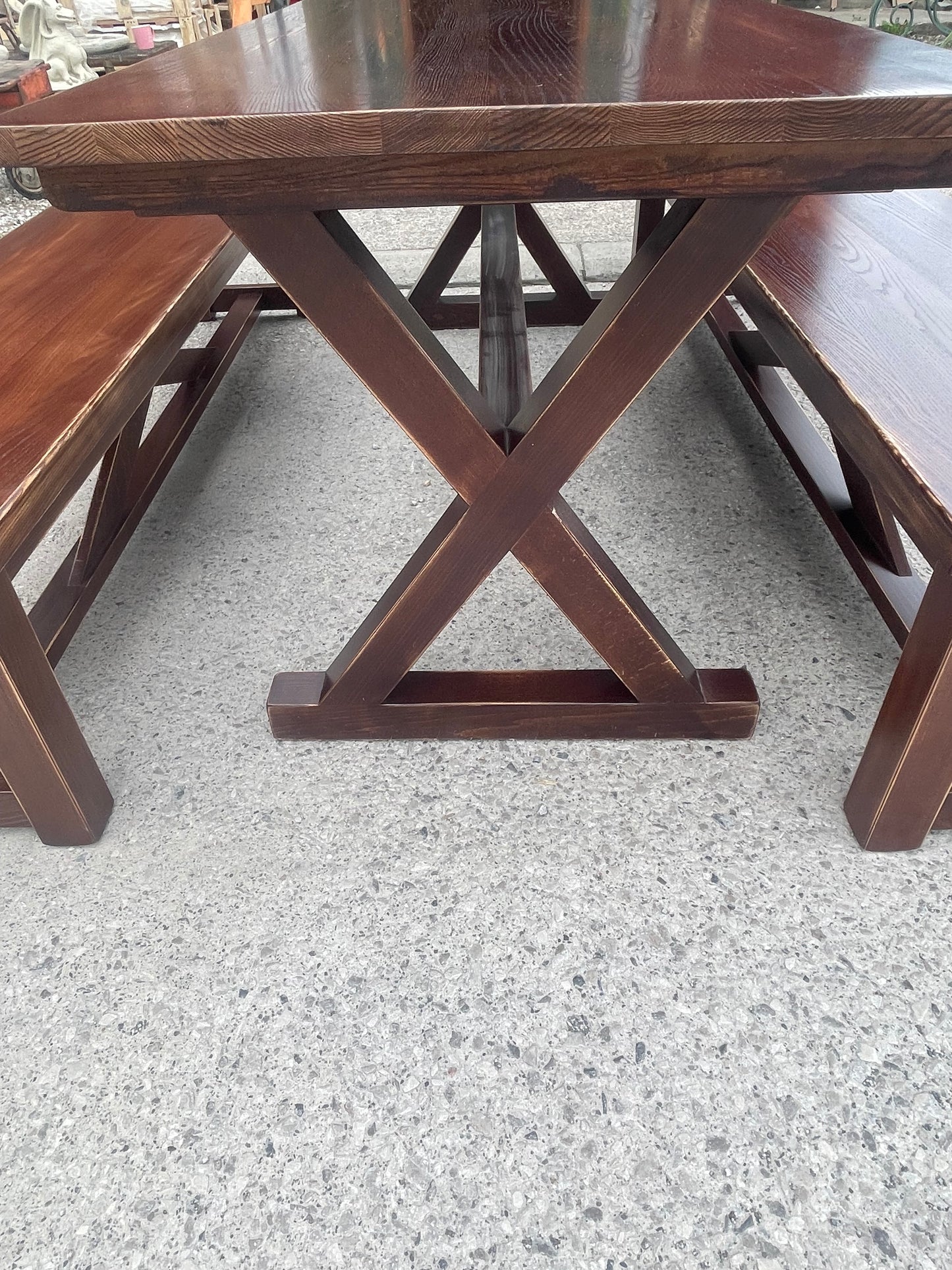 Solid Wood Dining Table & 2 Benches Rustic Wooden Kitchen Garden Pub Restaurant
