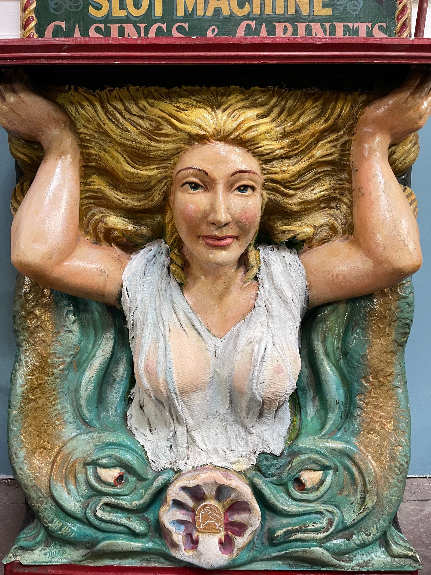 Hand painted funfair circus Mermaid sculpture with vintage sign