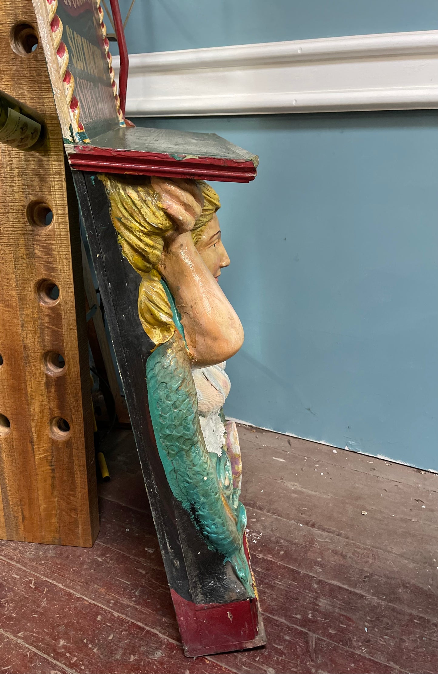 Hand painted funfair circus Mermaid sculpture with vintage sign
