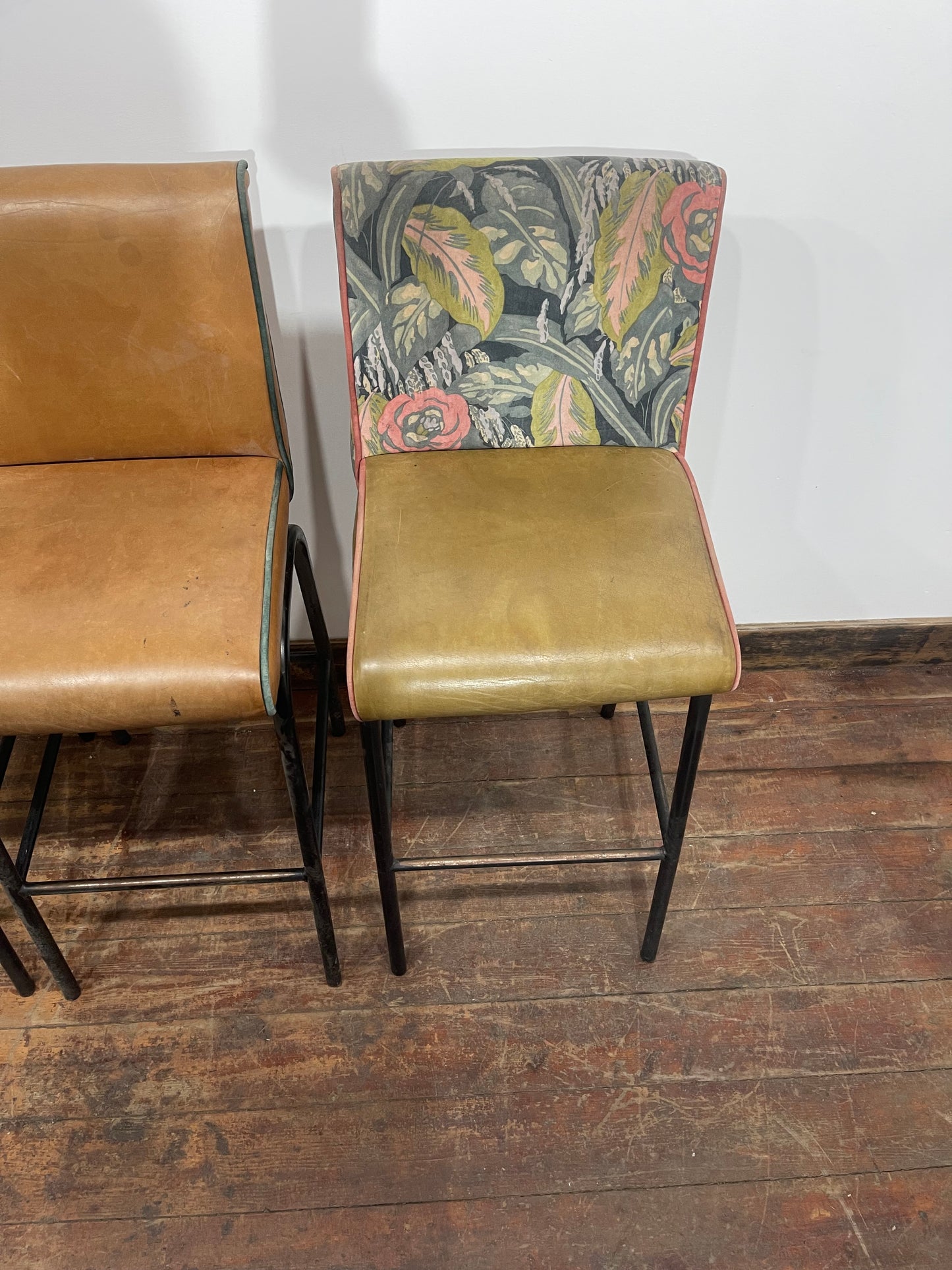 Set of 4 High Bar Stools Leather & Floral Fabric Metal Frames Pub Restaurant