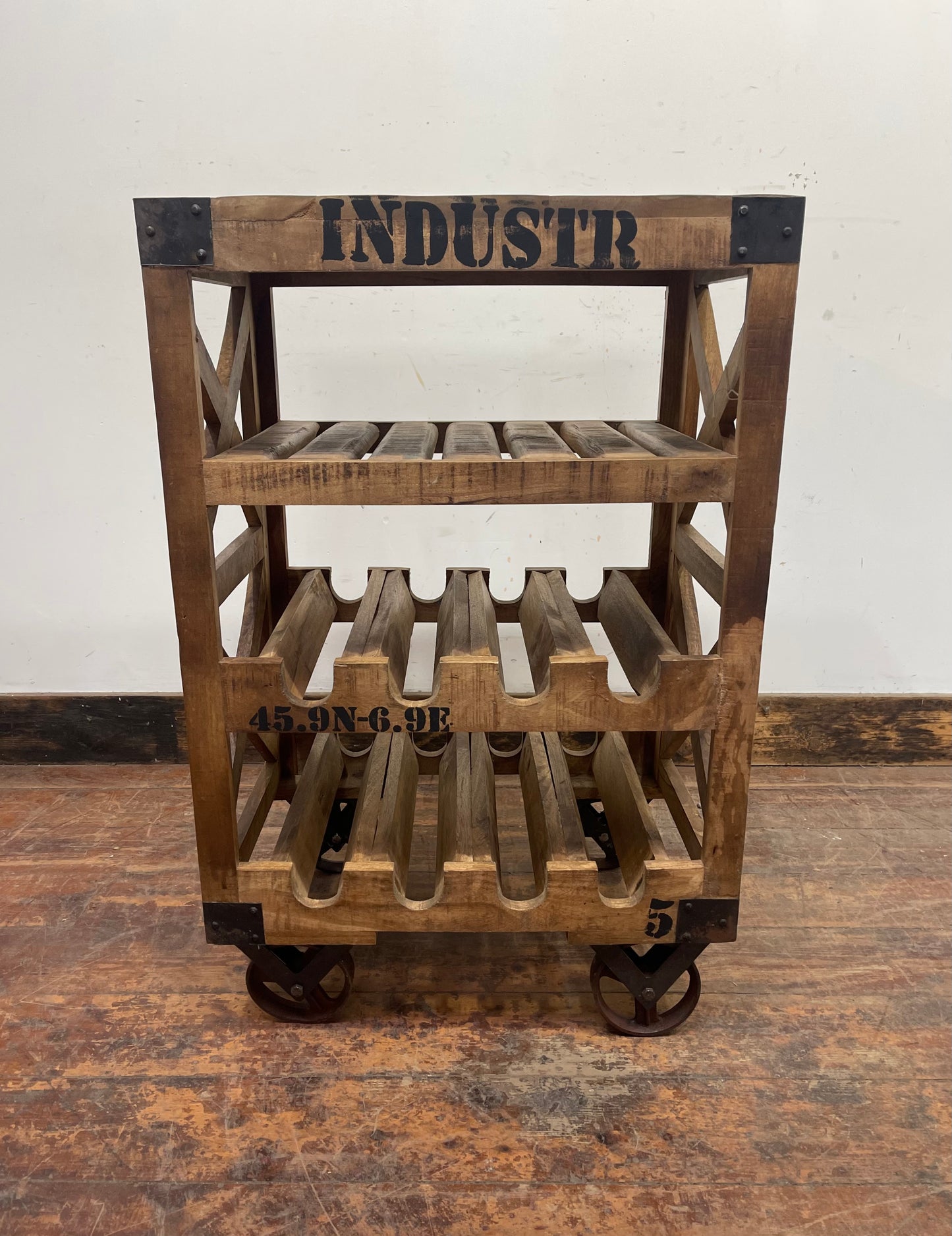 Industrial style wine rack on wheels