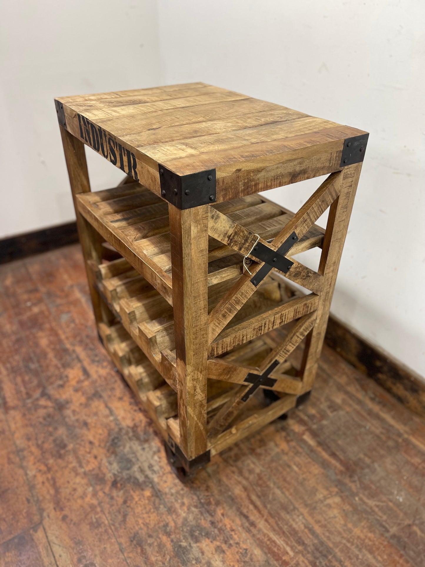 Industrial style wine rack on wheels
