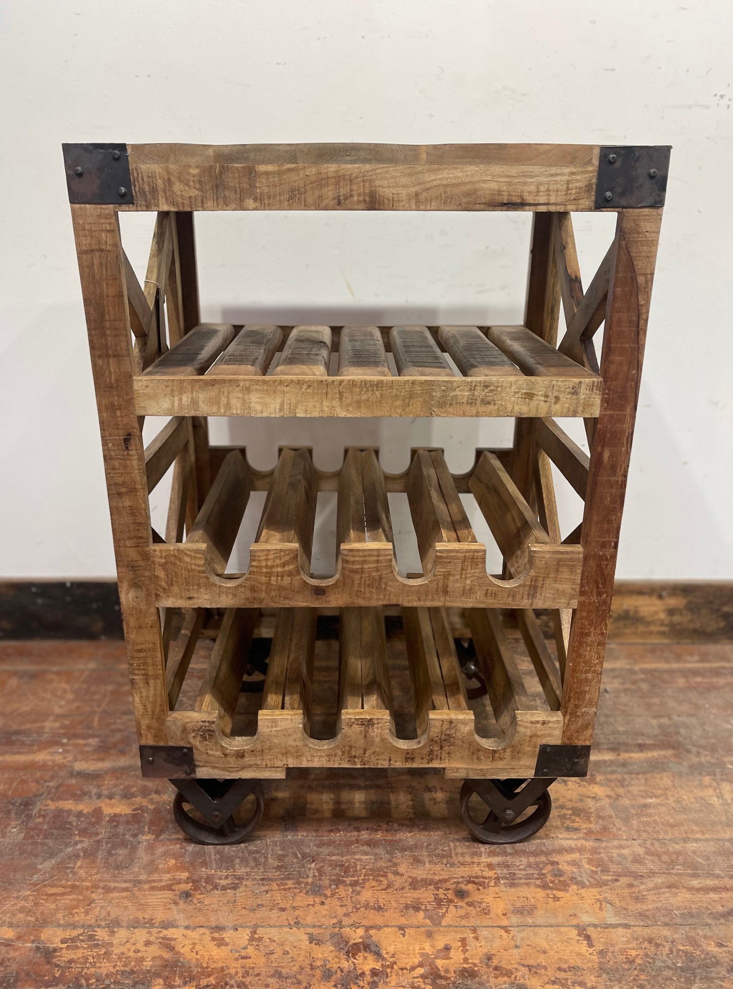 Industrial style wine rack on wheels