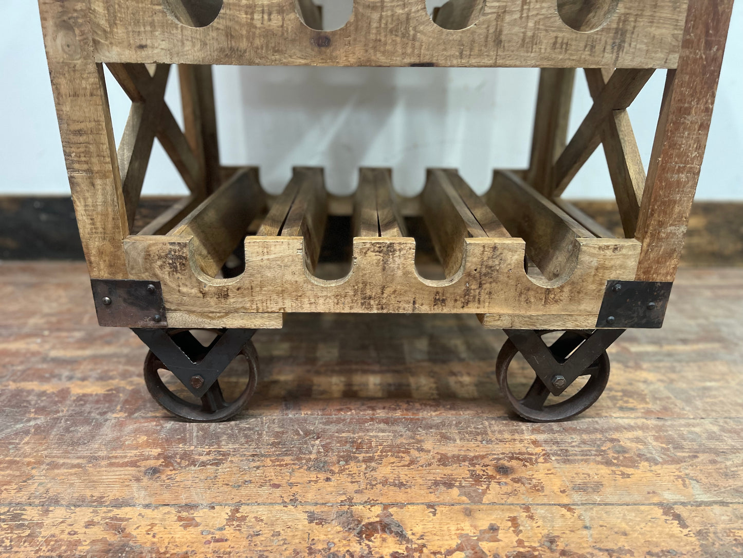 Industrial style wine rack on wheels