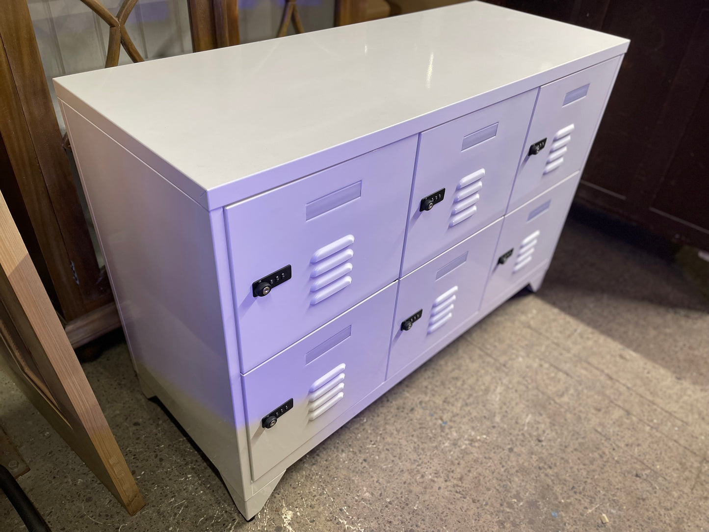 White metal cabinet with 6 individual lockers