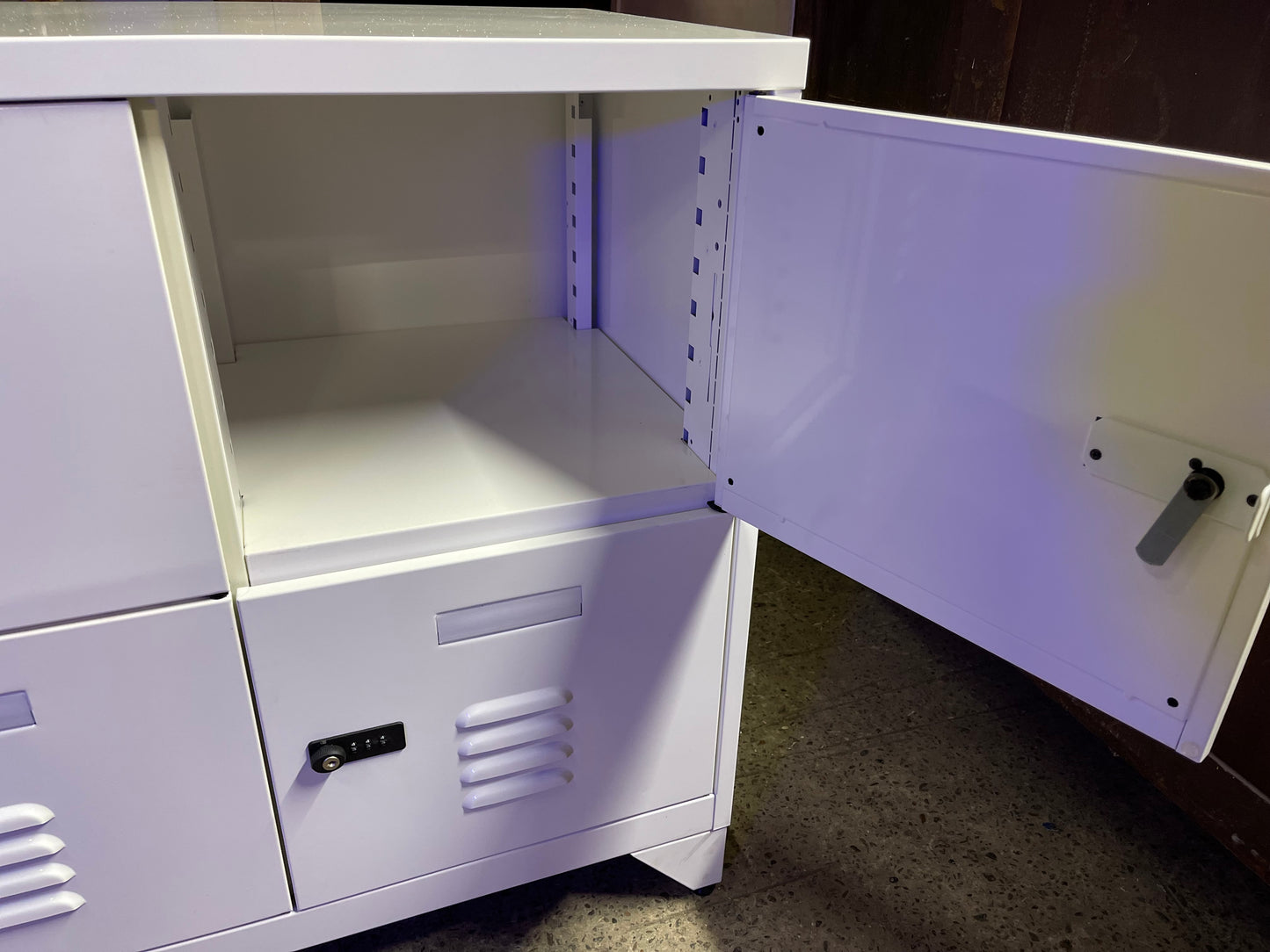 White metal cabinet with 6 individual lockers