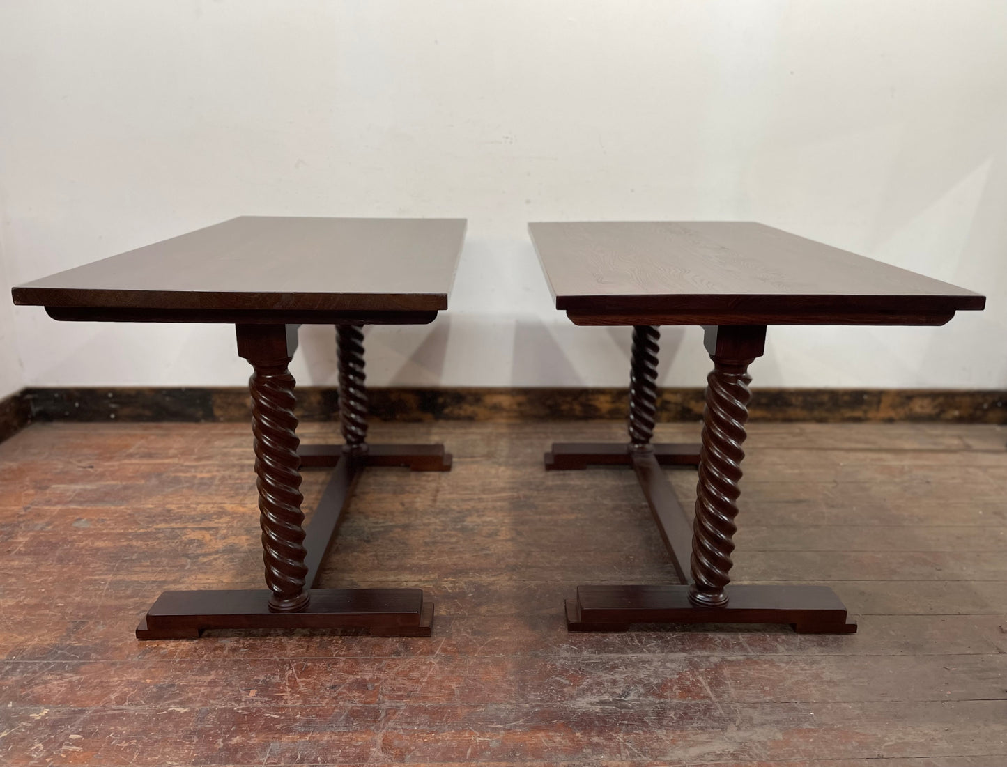 Pair of rectangular wooden pub tables with decorative legs