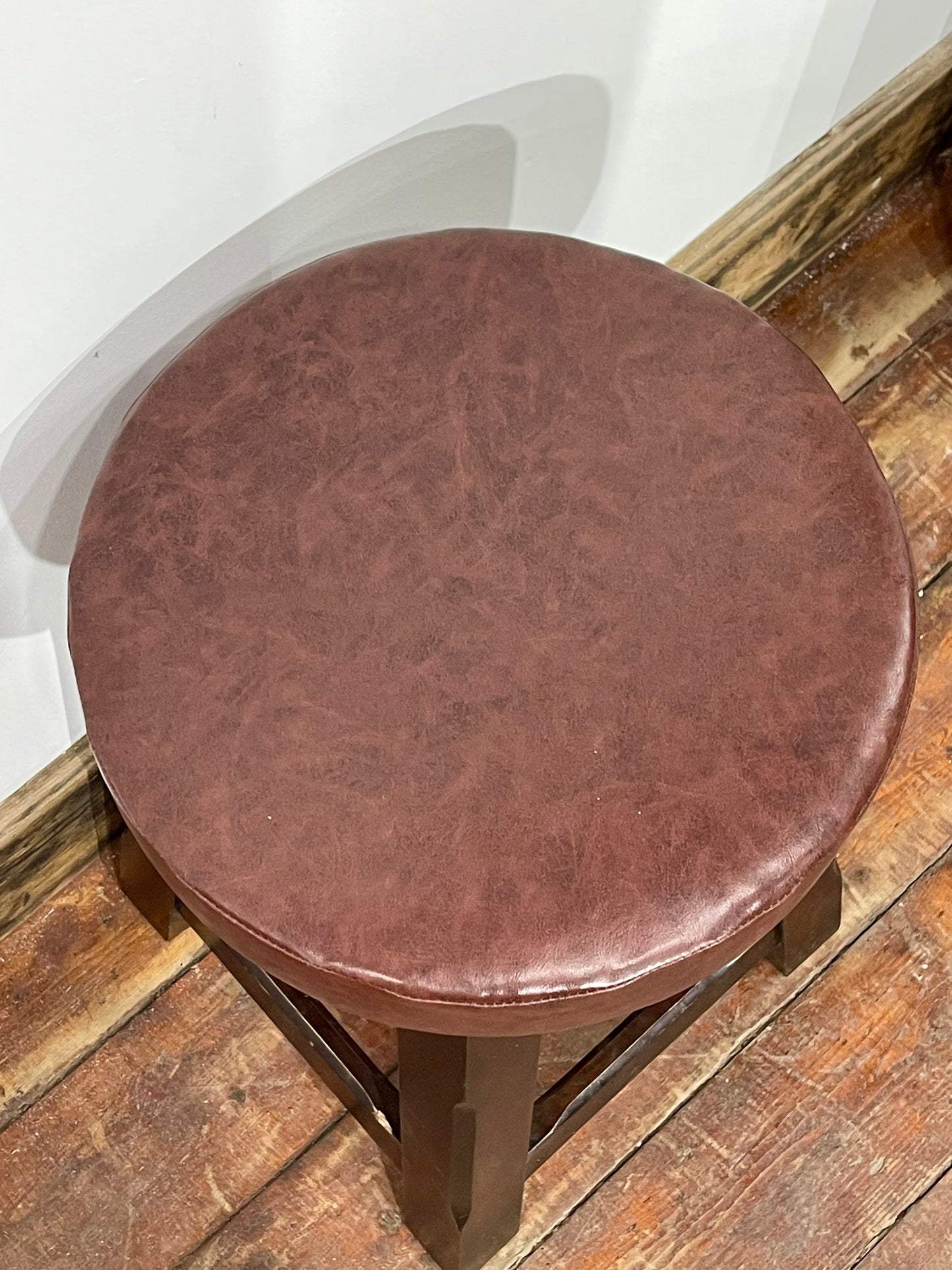 Set of 7 Traditional Wooden Low Stools Leather Effect Upholstered Pub Seats