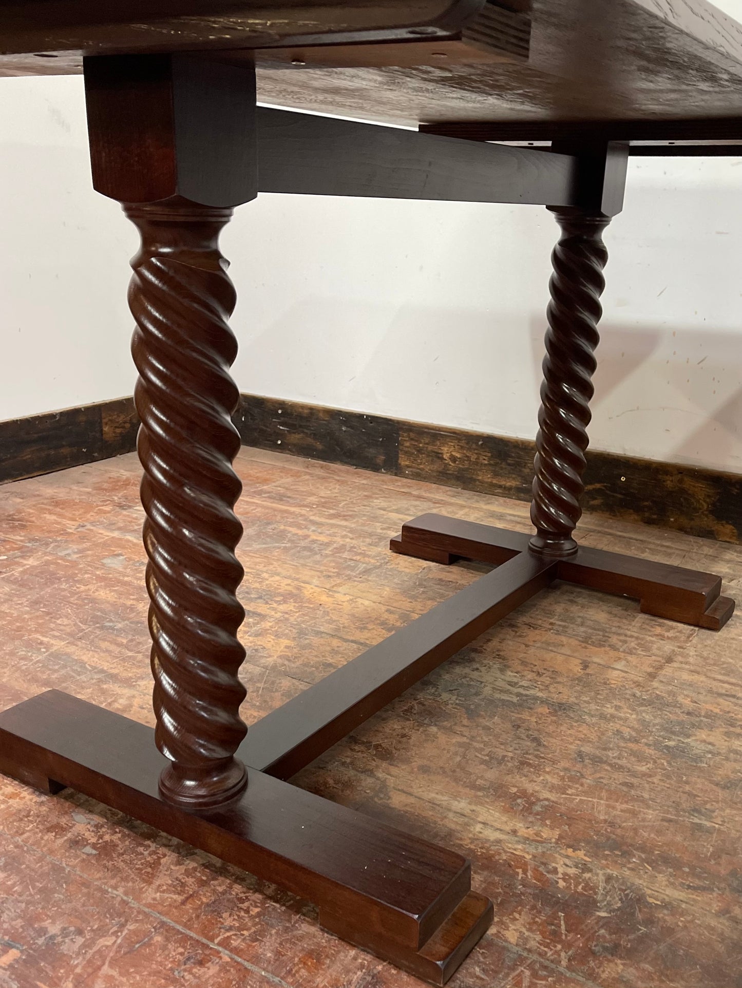 Pair of rectangular wooden pub tables with decorative legs