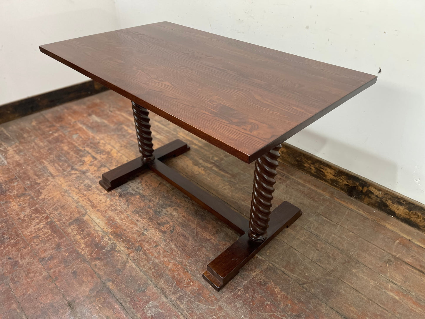 Pair of rectangular wooden pub tables with decorative legs