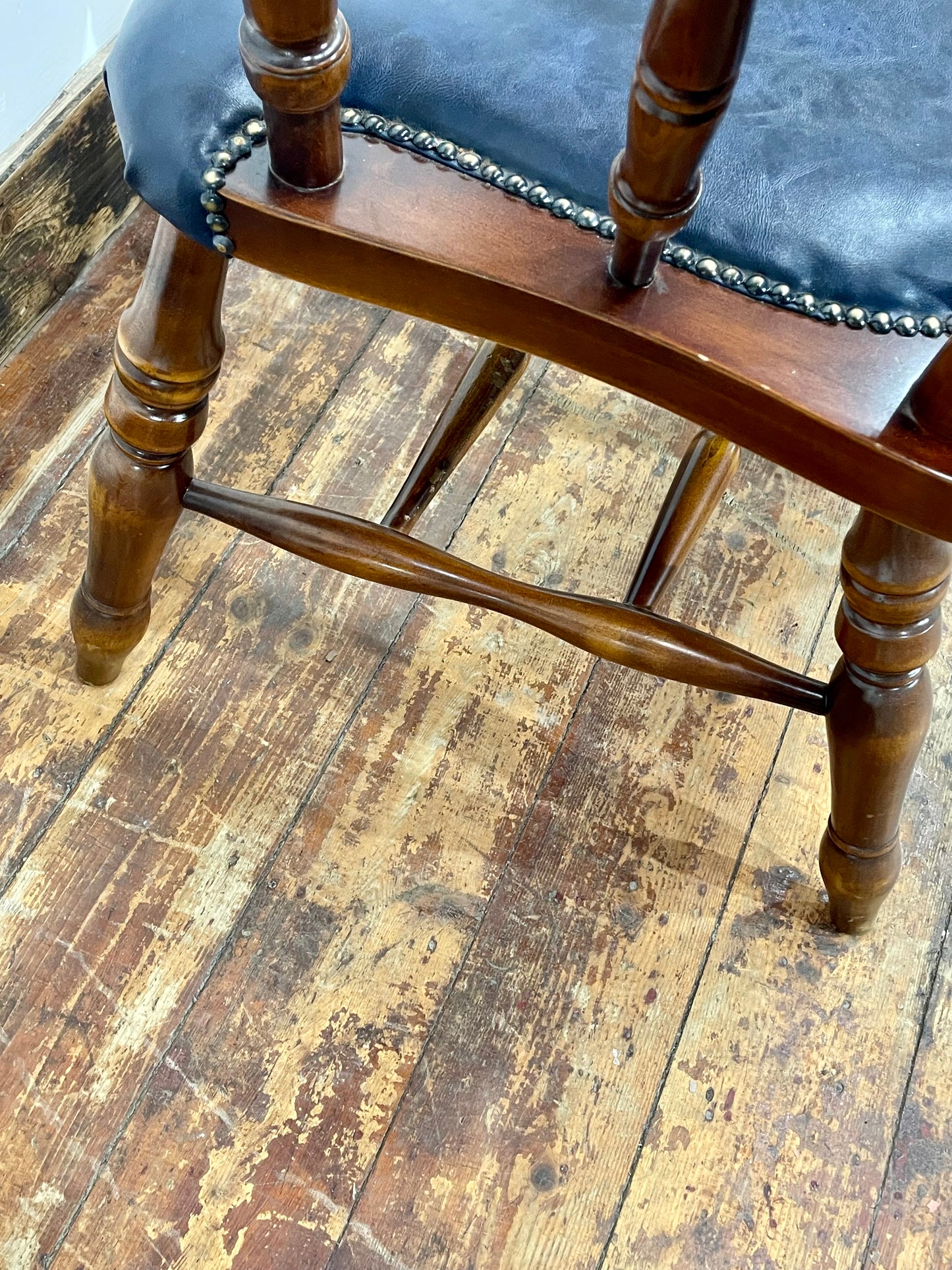 Pair of Traditional Windsor Style Armchairs Blue Leather Effect Seat Wooden Chairs