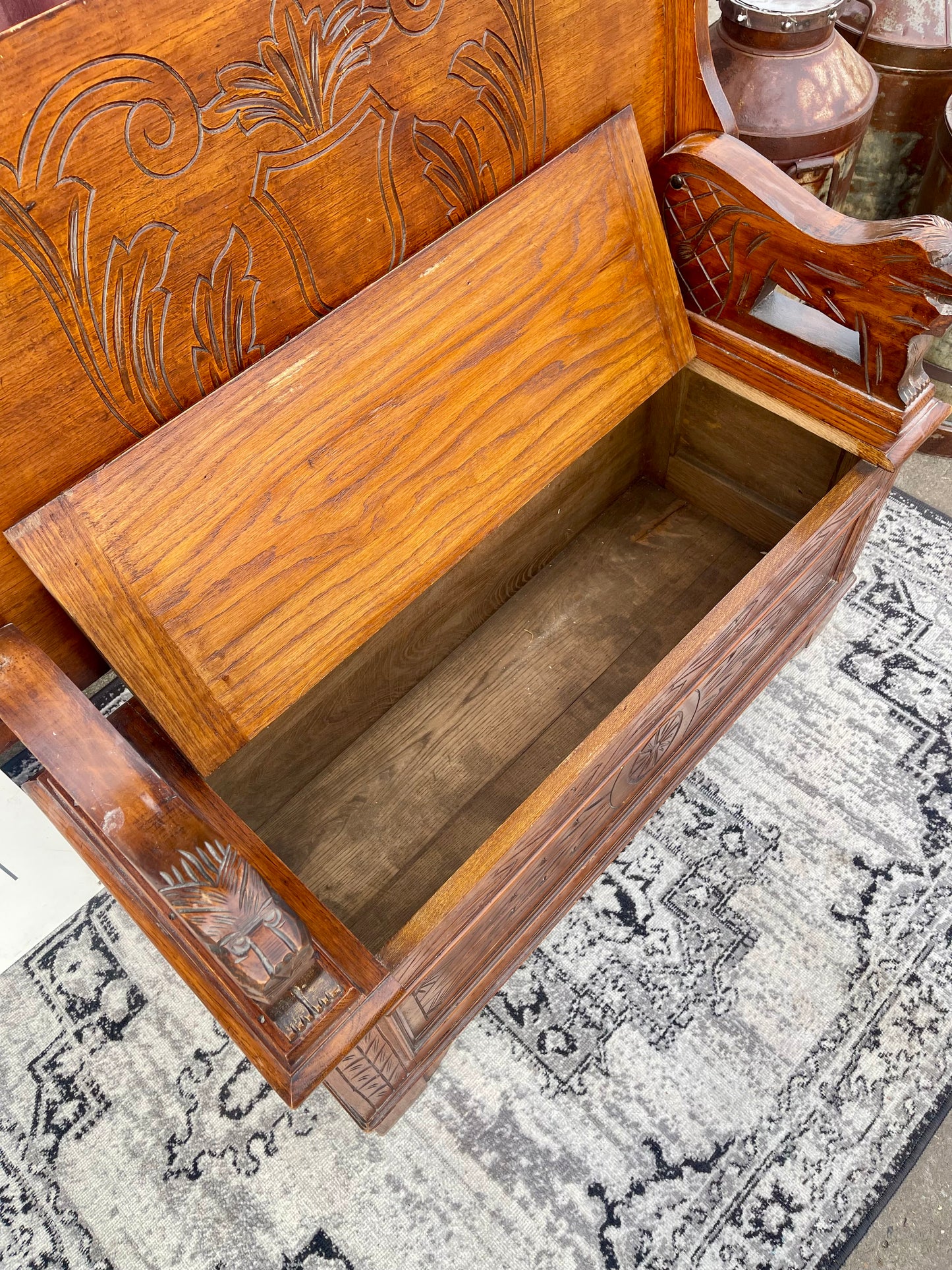 Genuine Antique Carved Oak Monk’s Bench Settle Storage Seat Hall Bench
