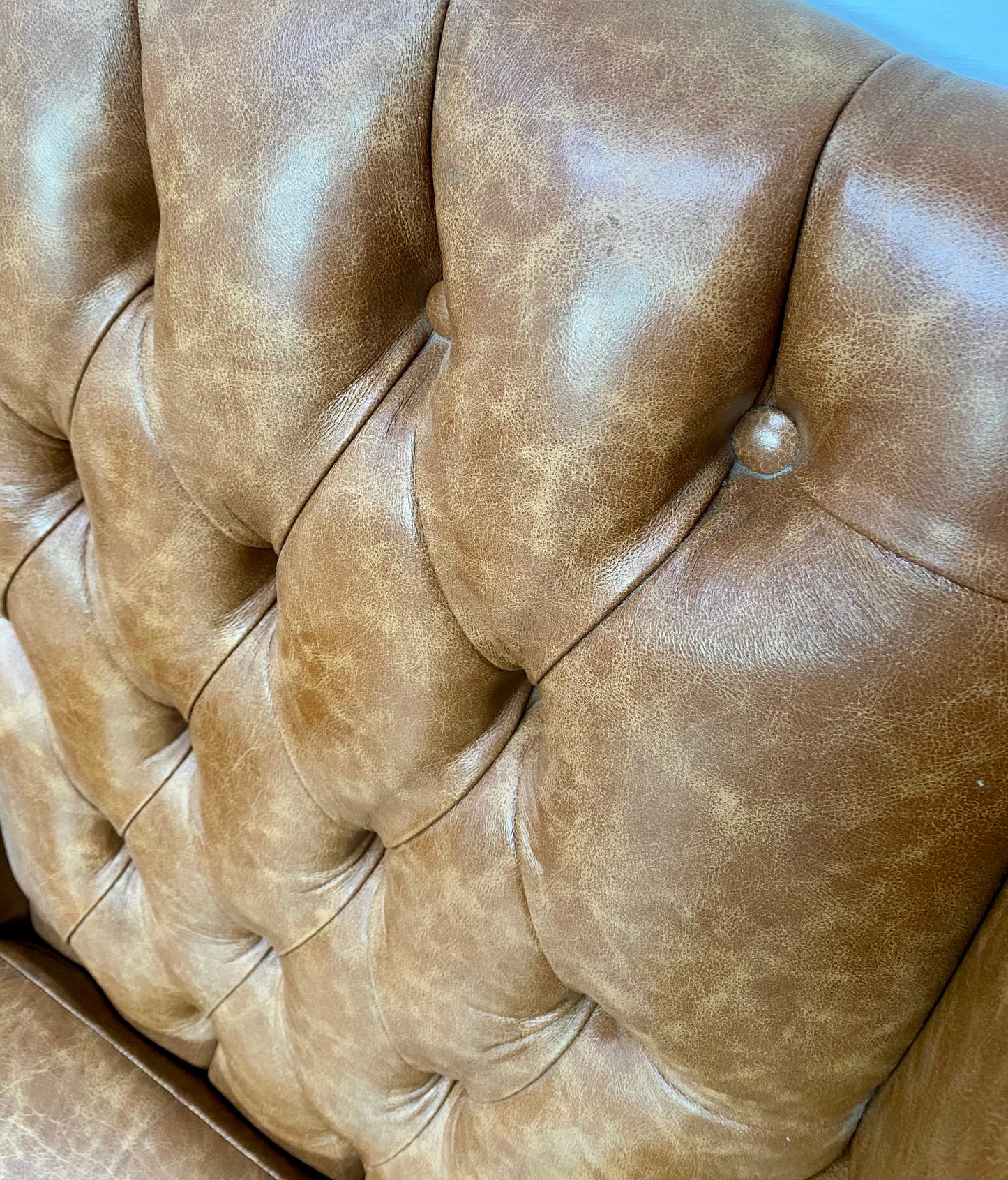 Tan leather wingback chair with patterned back