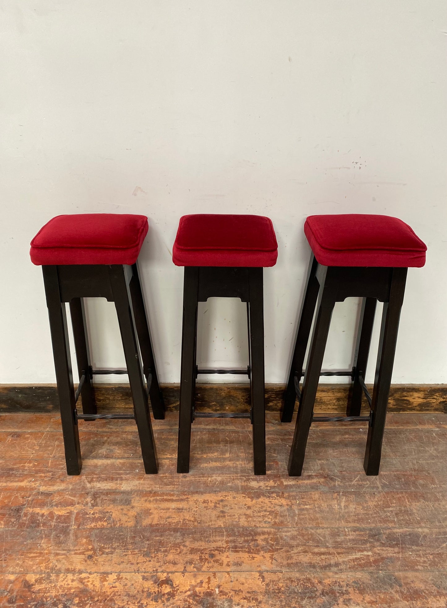 3 x retro style bar stools with red seats