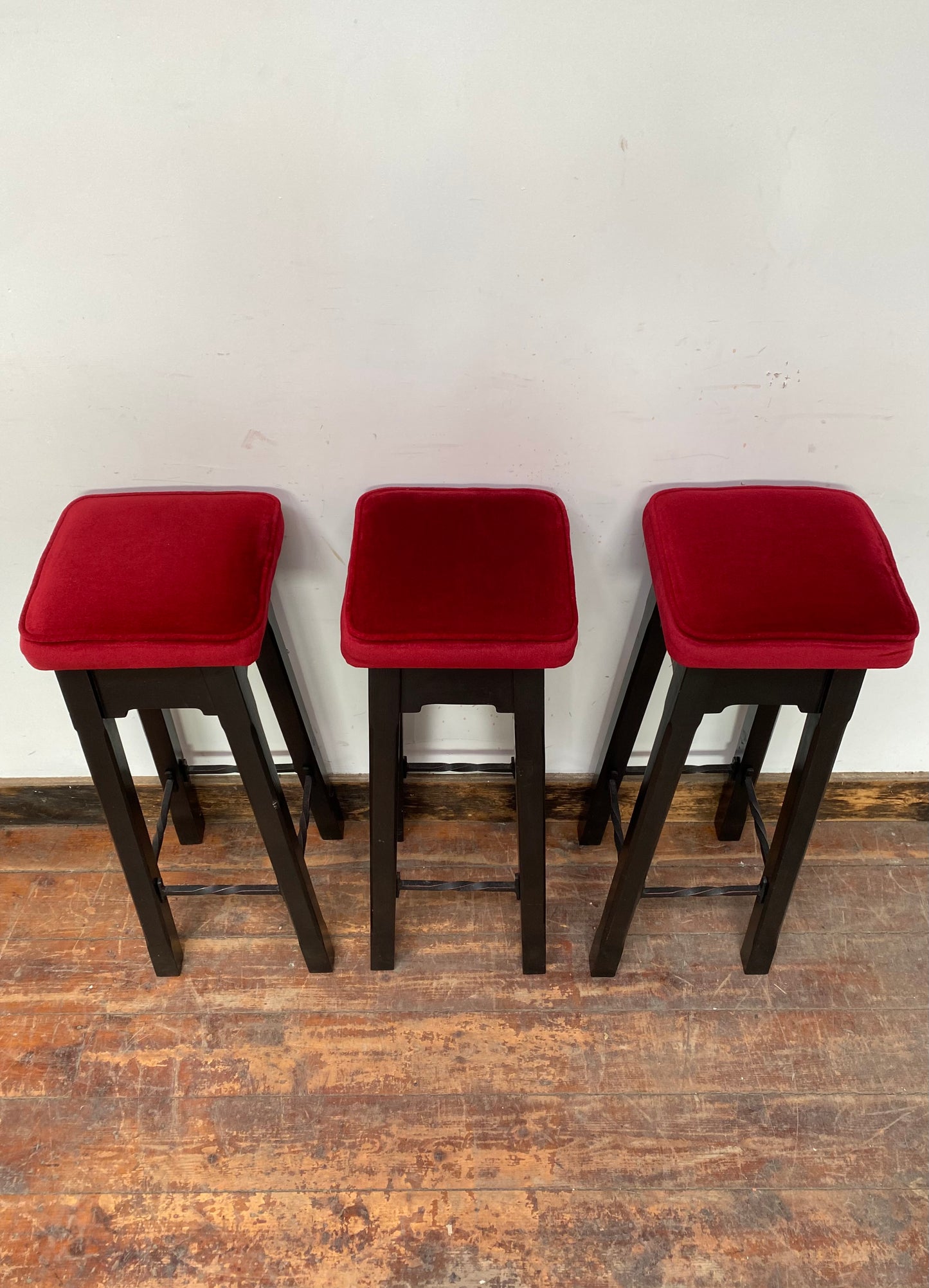 3 x retro style bar stools with red seats